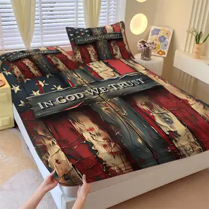 3-Piece American Flag & Cross Fitted Sheet Set with Vintage Wood-Grain Design (1 Fitted Sheet + 2 Pillowcases) – Rustic Farmhouse Style Bedding; Soft and Comfortable; Ideal for Patriots, Veterans, and Independence Day Bedroom Decor