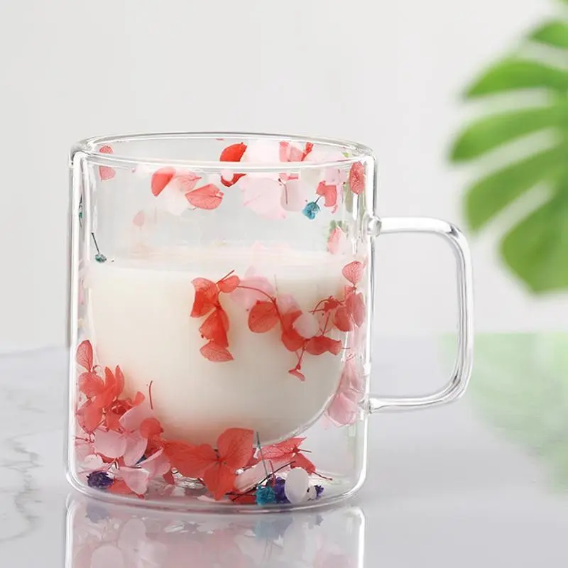 350ML Floral Double-Wall Glass Coffee Cup, Creative Juice Milk Glass Cup, Heat-Resistant Drinking Cup with Handle, Kitchen Home Office Drinkware, Perfect Holiday Gift