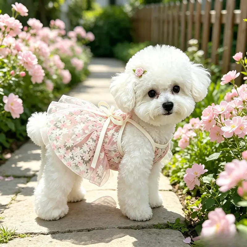 Cherry Blossom Dog Dress for Small Dogs - Anti-Shedding Princess Halter Skirt for Bichon, Teddy, Yorkie, Maltese, Chihuahua, Puppy & Kitten, Cute Floral Pet Clothing for Spring/Summer