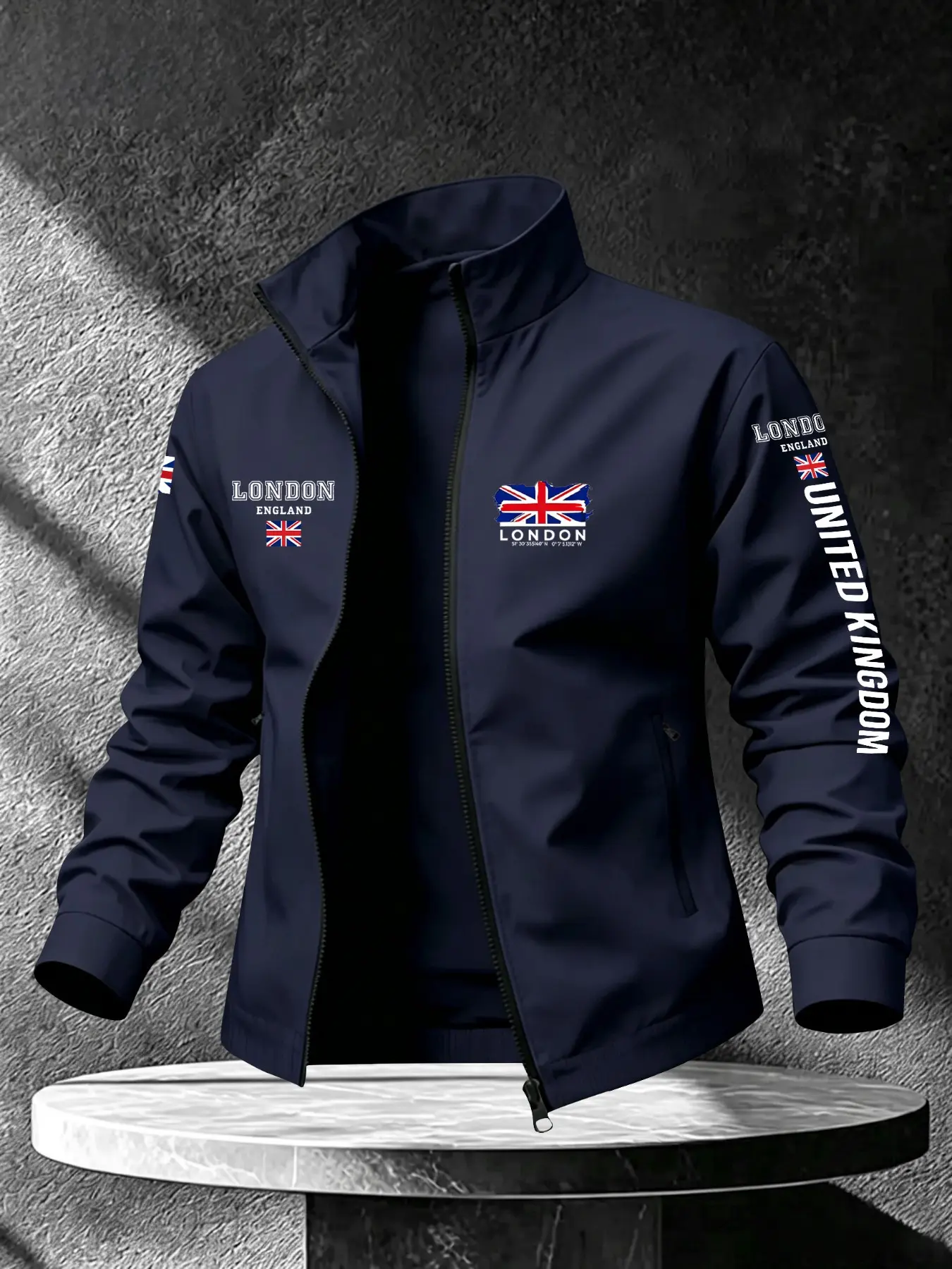 Men's Stand Collar Sport Jacket, Uk London Flag Print Casual Zipper Coat, Trendy Loose Fit Athletic Outerwear, Versatile Fashion Top
