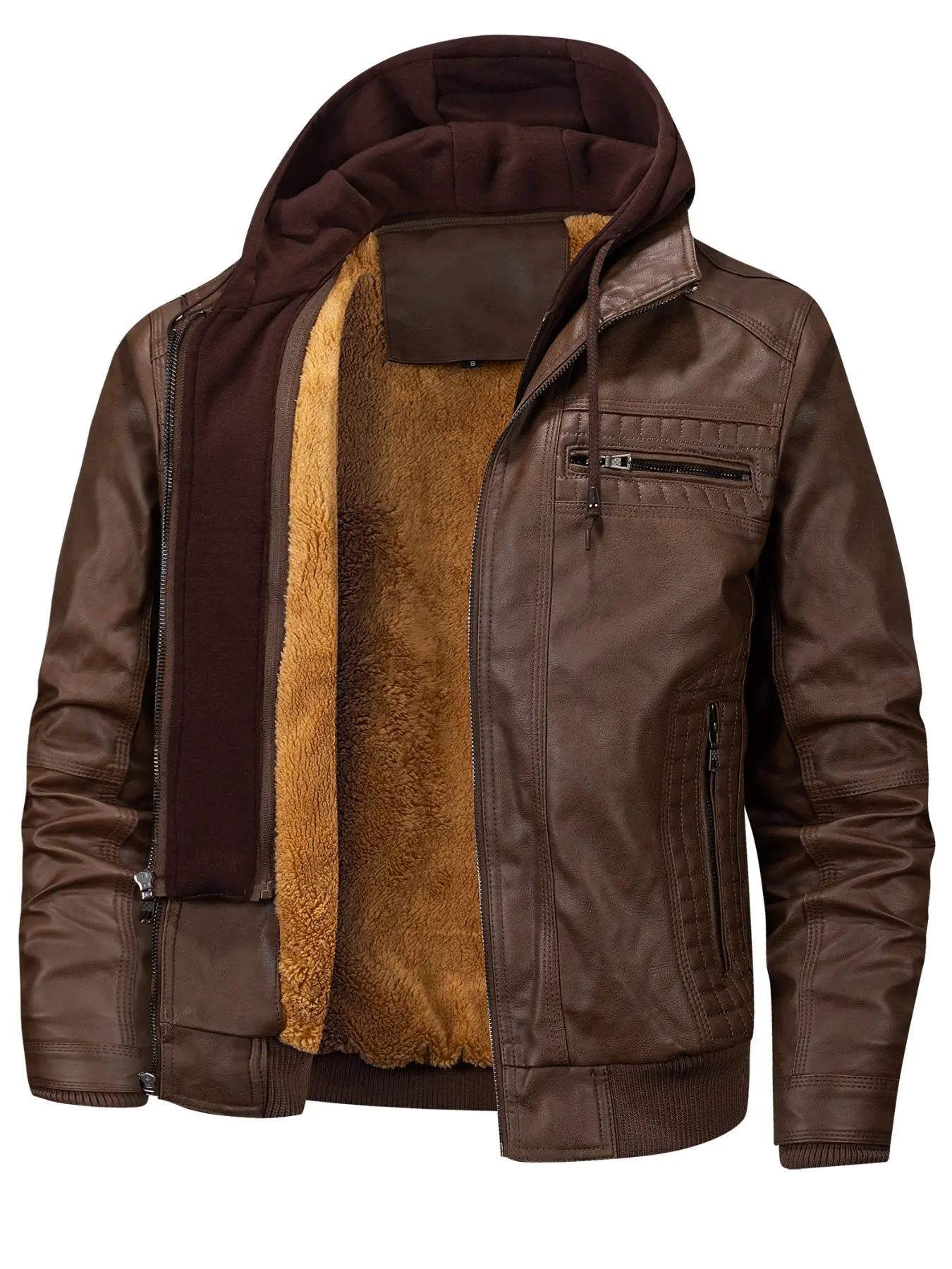 Men's PU Leather Jacket with Large Pockets, Stain-Resistant and Windproof, Thickened for Warmth, Long Sleeve Casual Street Style Outerwear