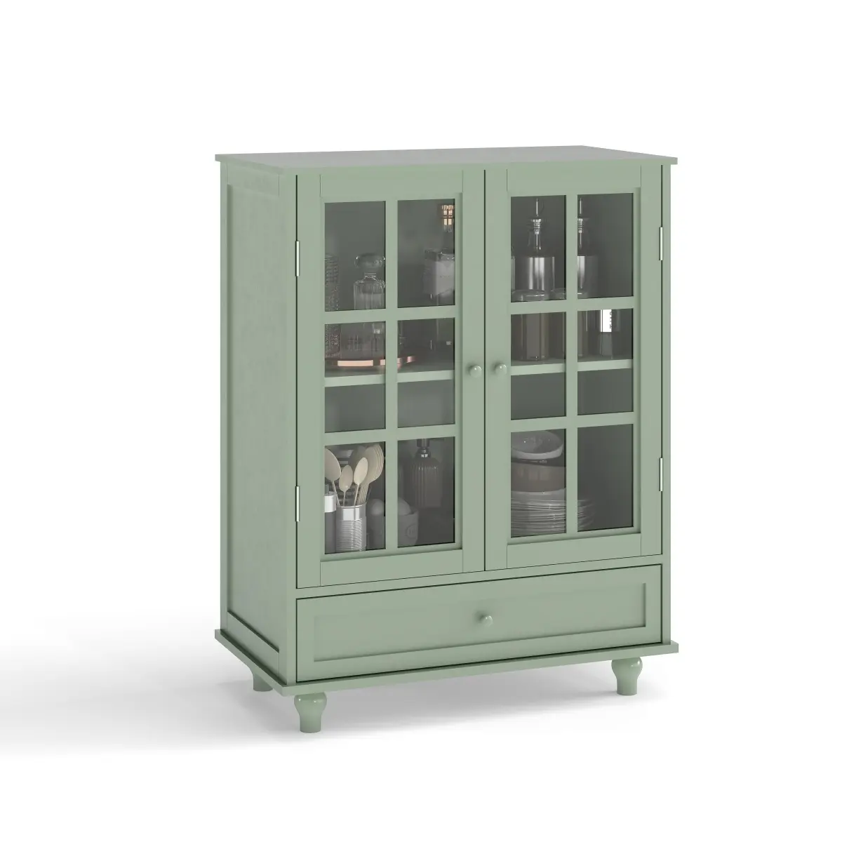 Minimalist Wood Sideboard Cabinet - Indoor Vintage Durable Storage Buffet with 2 Tempered Glass Doors, 1 Drawer, Adjustable Shelves, Smooth-Gliding Mechanism, Assembly Required for Living Room, Dining Room (Mint Green)