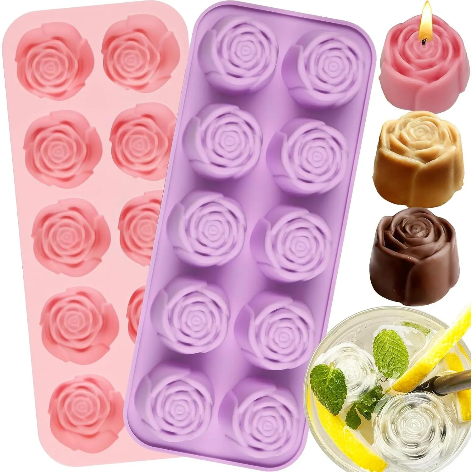 Rose Silicone Mold, 2 Pcs Rose Chocolate Mold 20 Cavity Silicone Roses Molds for Chocolate, Candy, Ice Cube, Gummy, Jello, Jelly, Cupcake Decorations, Candles, Soaps