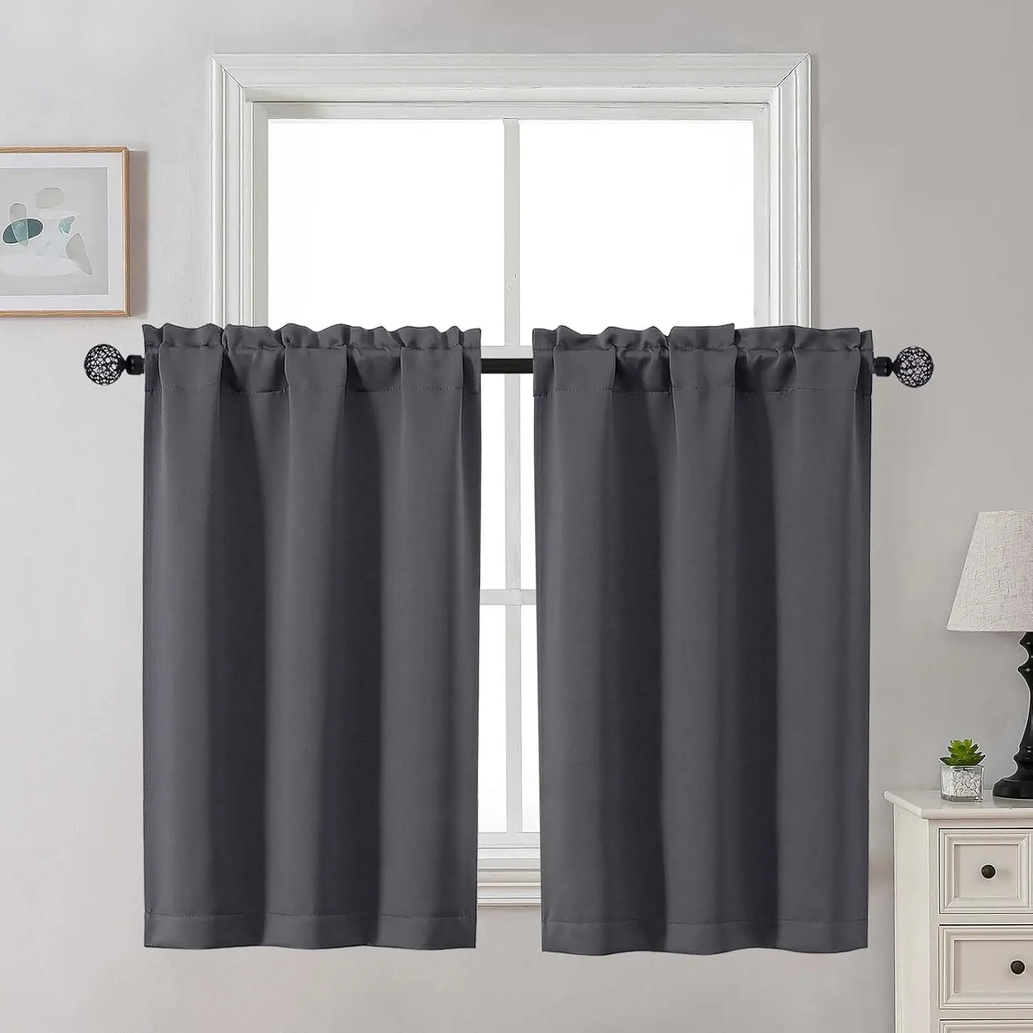 Charcoal Grey Blackout Curtains 2 PCS - Each 30" W x 45" L, Thermal Rod-Included Window Treatments for Bedroom, Campers, Travel Trailers, Basements, Kitchen Cabinets