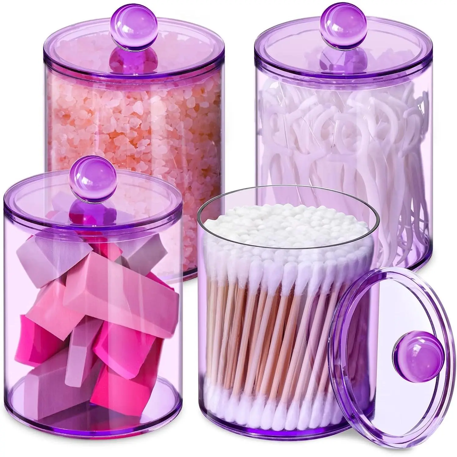 4 Pack Qtip Holder,Canister Apothecary Jar Set, Bathroom Jars with Lids Set for Cotton Swabs, Balls, Pads, Floss Picks,10oz-12oz Plastic Canisters Restroom Bedroom Vanity Organizer(Purple)