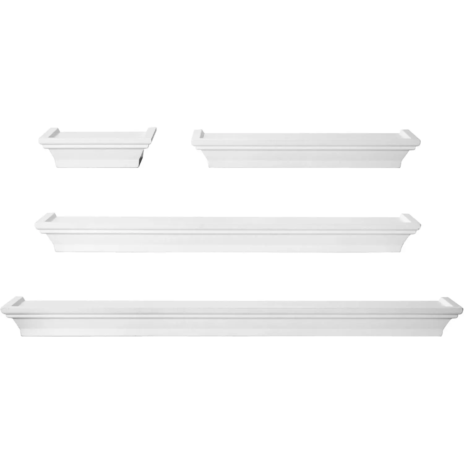 Multi-Size Wooden Floating Wall Shelves Set of 4 (White) - 6, 12, 20, 24-Inch Sizes with Raised Edges, Mounting Hardware for Indoor Recreation Room Decor