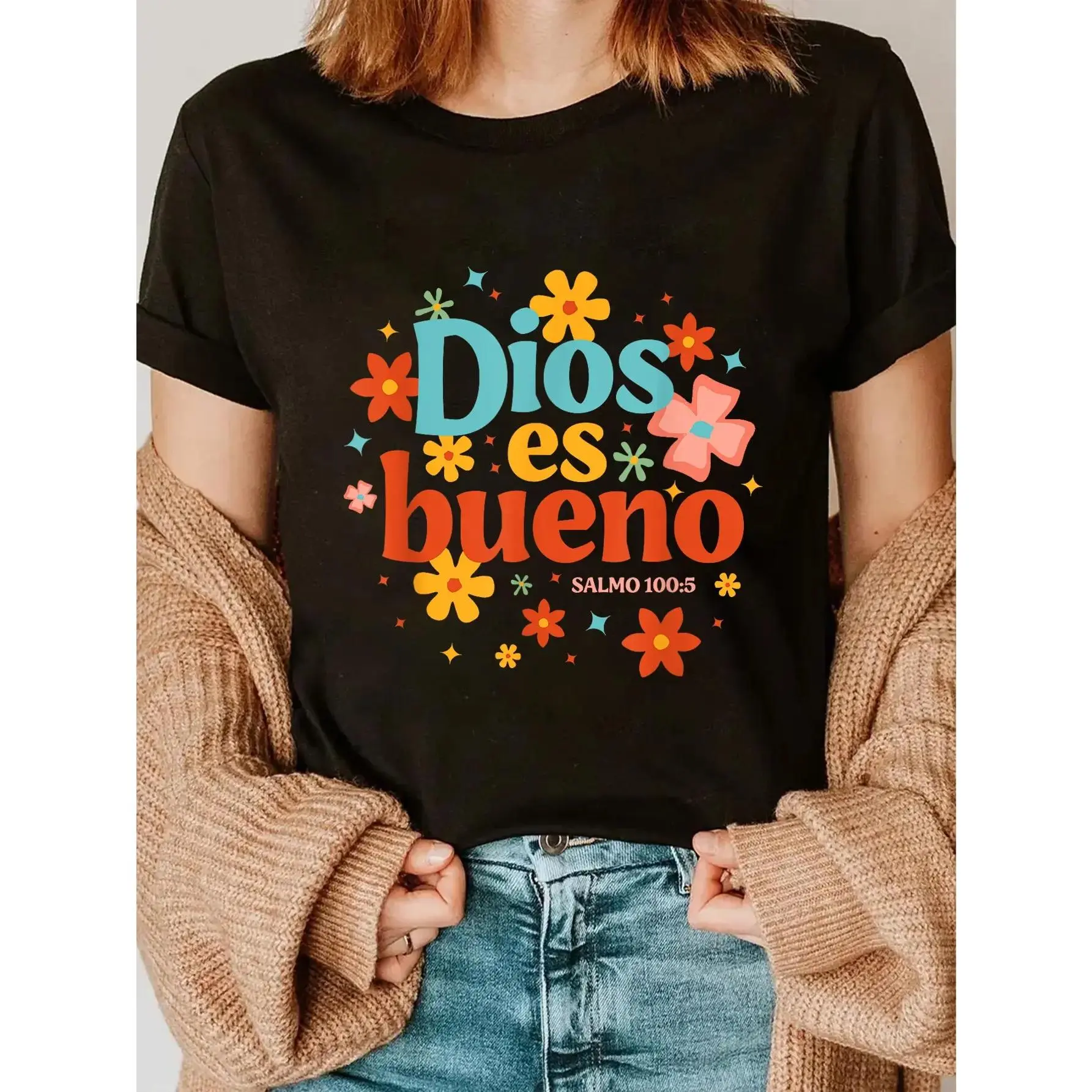 Women's 100% Cotton Casual Short-Sleeve Everyday Graphic Print Dios Es Bueno Spanish Christian Jesus God Bible Religious T-Shirt - Big, Glock, Shortsleeve, Vintage
