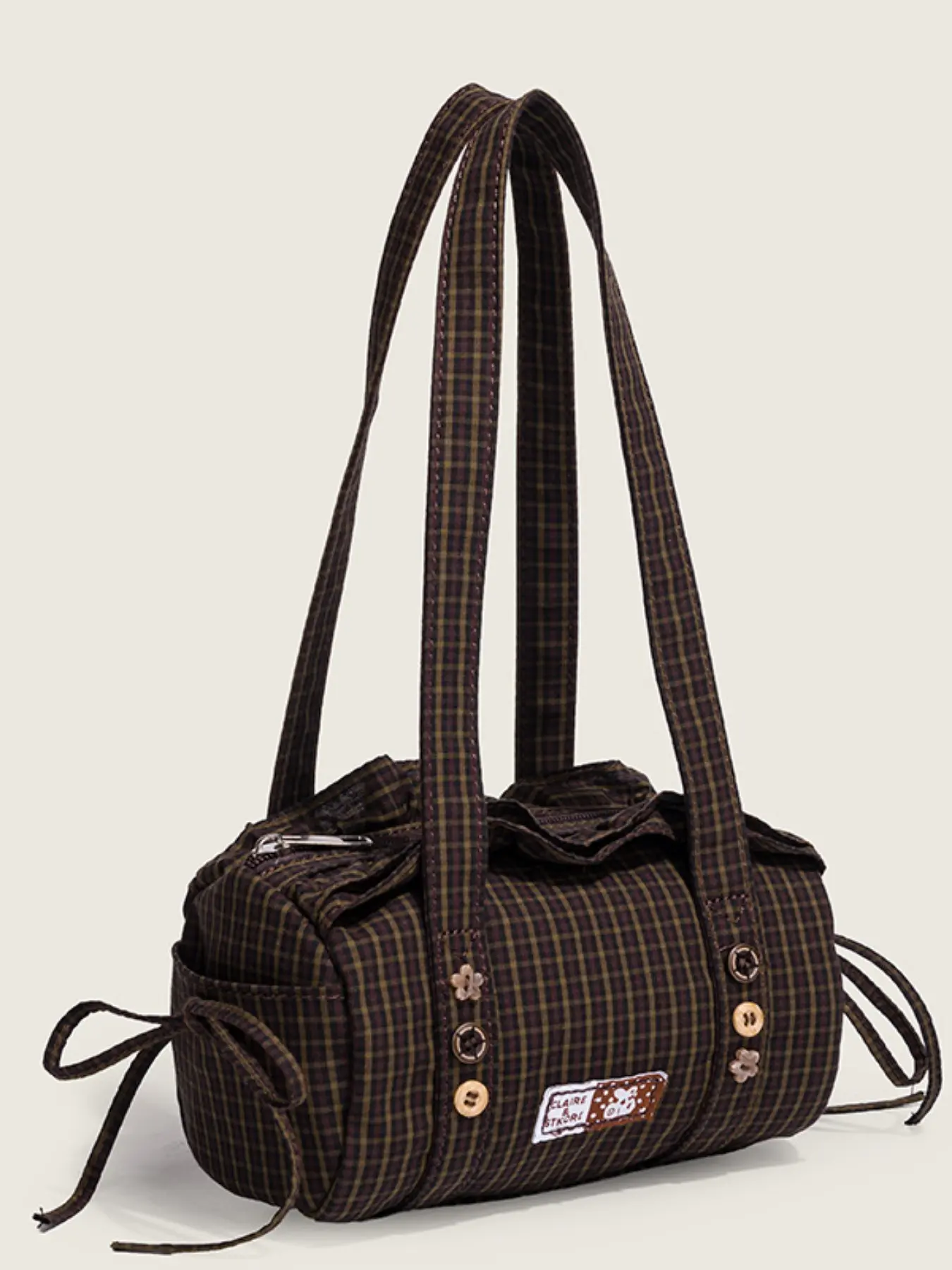 Vintage Brown Plaid Mini Barrel Shoulder Bag, Cute Ruffle Drawstring Checkered Canvas Handbag, Y2K Cottagecore Small Tote Purse with Wooden Buttons for Women Daily School Streetwear, Canvas Shoulder Bags