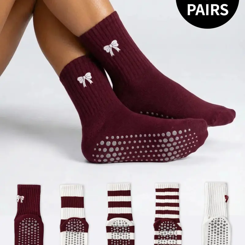 5/10 Pairs Women's Striped Bow Athletic Ankle Socks, Sporty Socks, Non-Slip Anti Slip Yoga Socks for Dance, Pilates, Indoor Sports, Angora