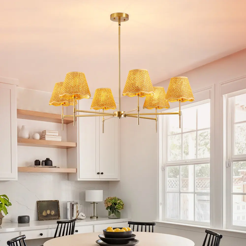 Boho Rattan Chandelier 6 Light, Large Woven Pendant Light Fixture, Rustic Farmhouse Industrial Hanging Ceiling Lamp, Adjustable Height Lighting for Kitchen Island, Dining Room, Living Room, Bedroom Decor, Natural Bamboo Wicker Basket Light, UL Listed