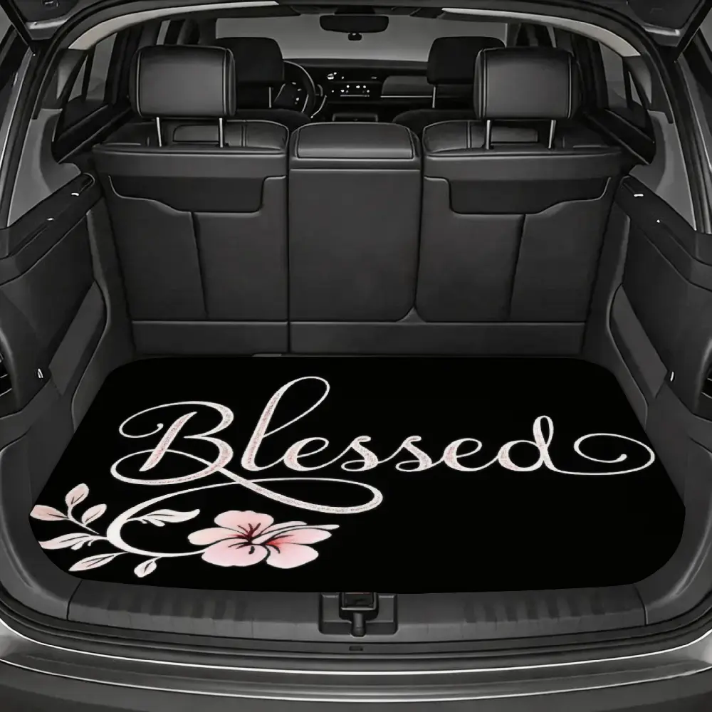 Automotive Interior, Trunk Cargo Liner, Blessed Script With Pink Floral Design, Non Slip Rubber Backing, Faith Based Car Owners And Family Use, Universal Fit Single Piece