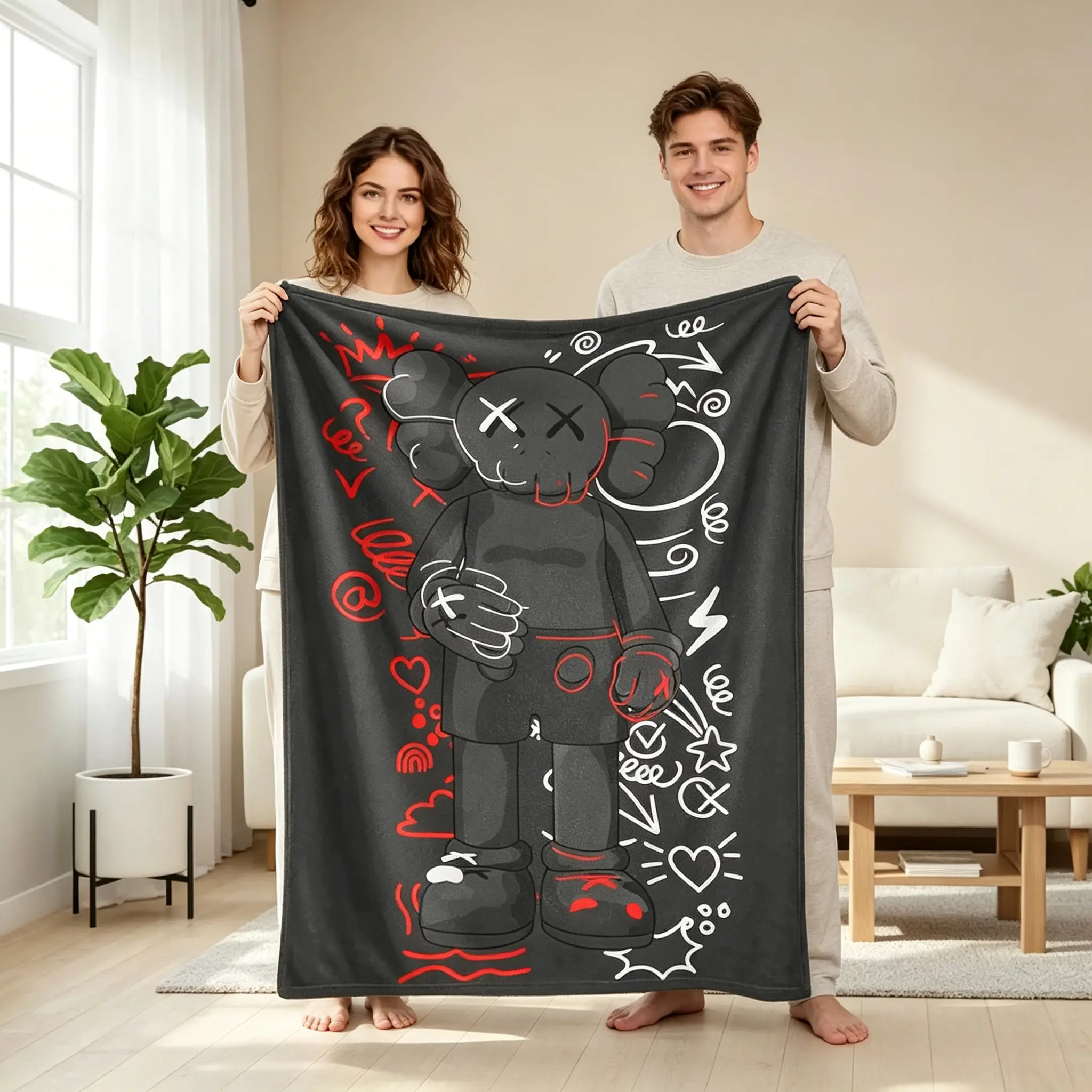 kaws Modern Graffiti Character Flannel Blanket  Abstract Street Art Design with Bold Red and White Accents  Soft Warm Cozy Lightweight Durable for Bedroom Sofa Office Gift Home Decor