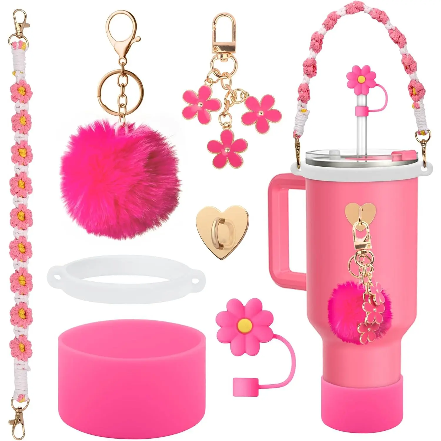 7 Pcs Cup Accessories Set for Stanley Cup 40oz 30oz Including Water Bottle Handle Strap,Siliocne Stanley Cup Boot,Flower Straw Cover and Charms for Stanley Tumbler Decorations(not include cups.)
