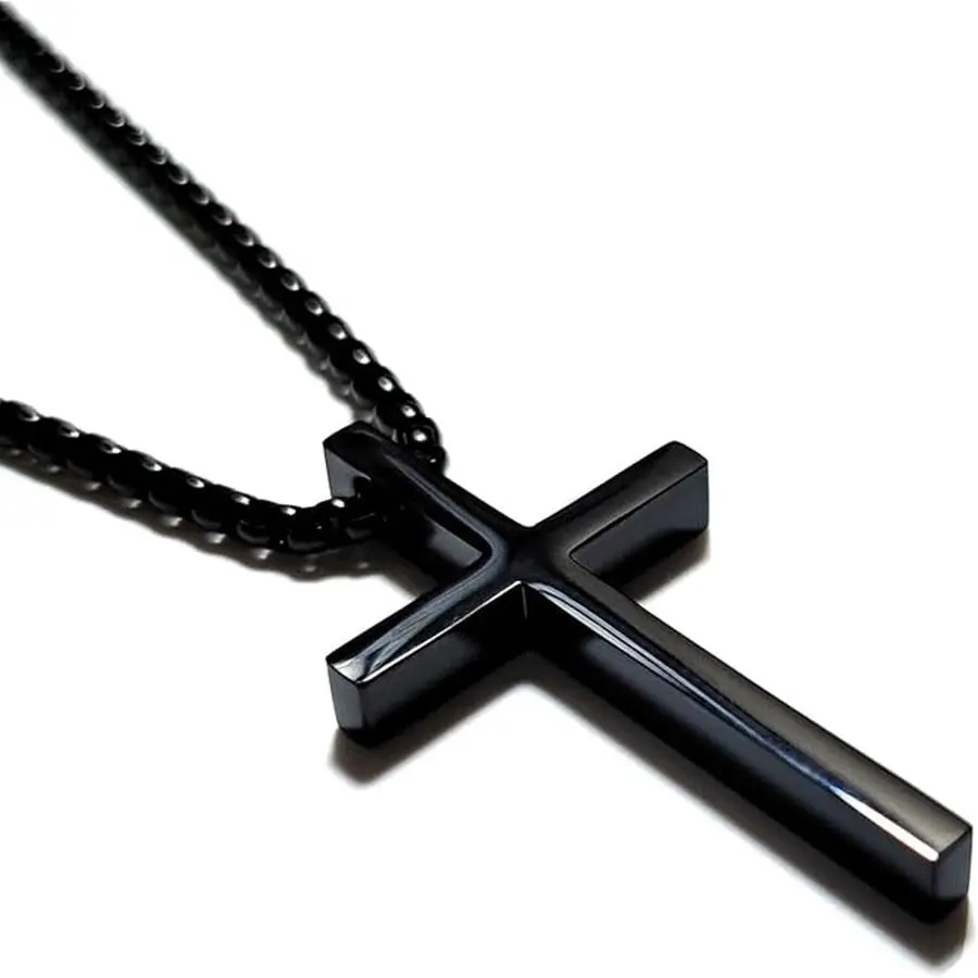 Men's Stainless Steel Cross Pendant Chain Jewelry - 4 mm Thick, 1.2in L, 0.7in W, Lobster Clasp, Non-Irritating for Sensitive Skin, Silver-Black/Black/Gold Options, Festive Christmas Party Bag & Home Supplies Gift (Business Use)