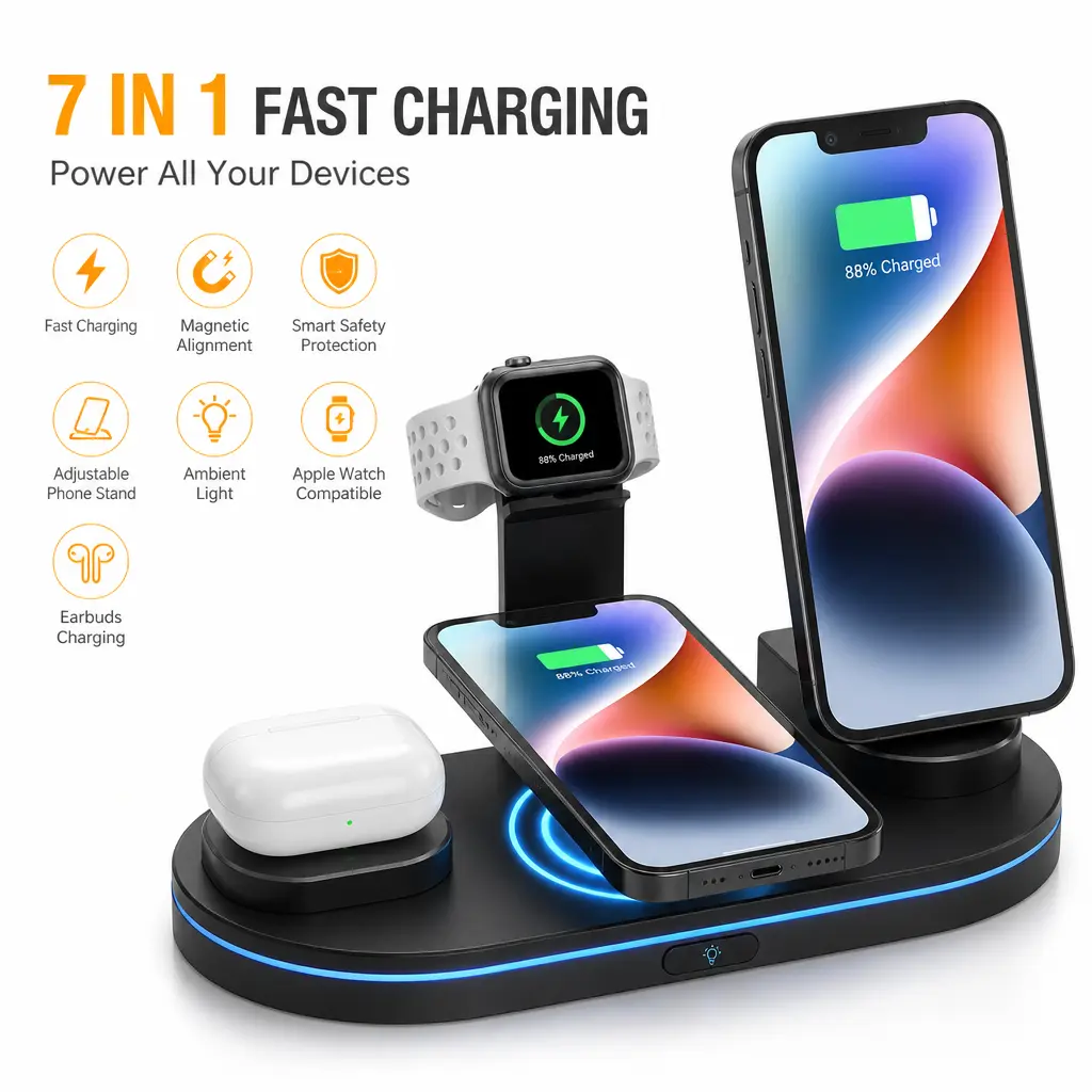 7 In 1 Wireless Charger Stand Phone Chargers Fast Charging Dock Station