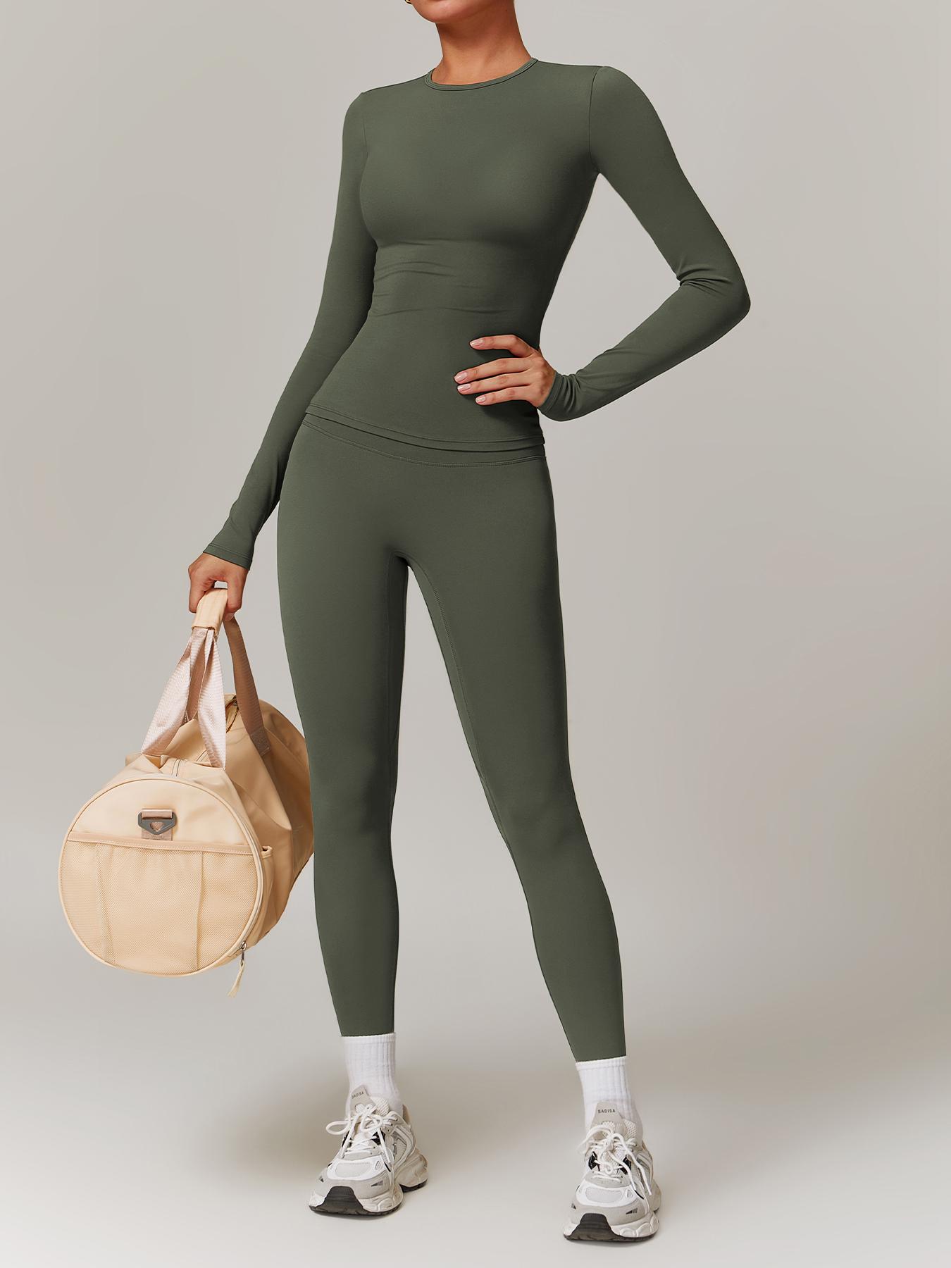 Women's Solid Long Sleeve Skinny Tee & High Waist Leggings Tracksuit Set, Workout Running Clothes, Sporty Breathable Quick Drying Outfits for Gym Workout Running, Ladies Outdoor Yoga Suit for All Seasons, Quick Dry Activewear