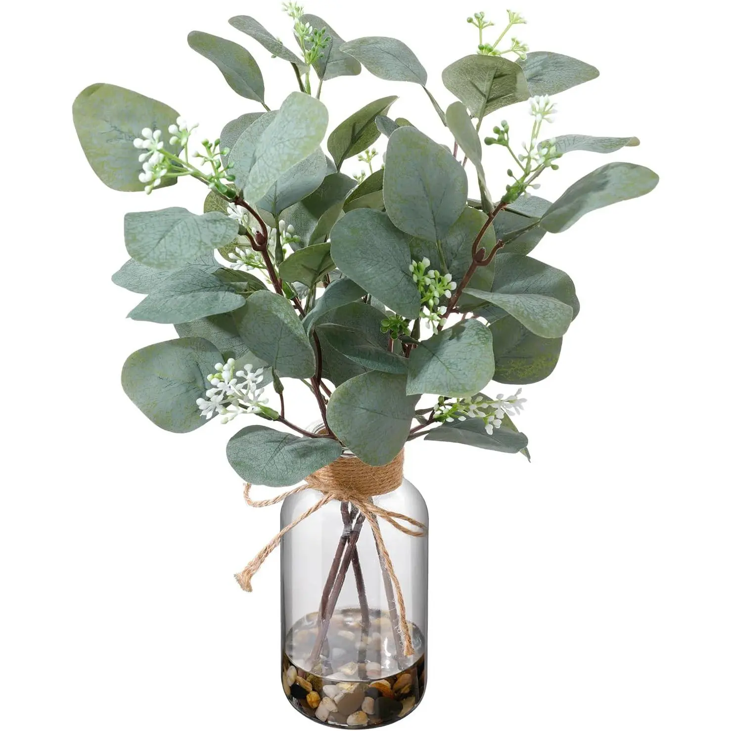 15.74in Decorative Nature Sage Minimalist Artificial Eucalyptus Stems in Glass Vase with Faux Water, Natural Stones, Lifelike Fake Plant for Modern Farmhouse Home Decor, Office Desk Centerpiece