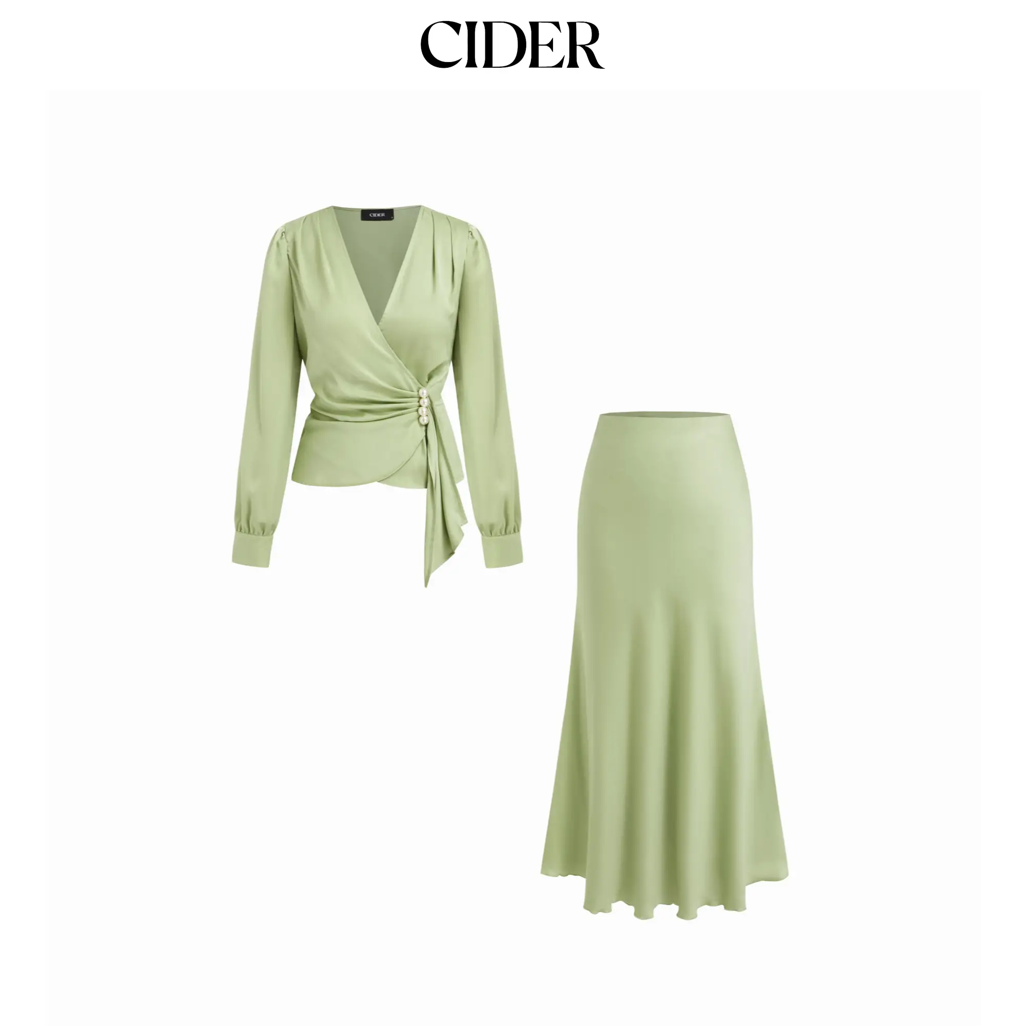 Cider Satin V-neck Draped Pearl Button Top &  Mid Rise Mermaid Maxi Skirt Set SohoChic