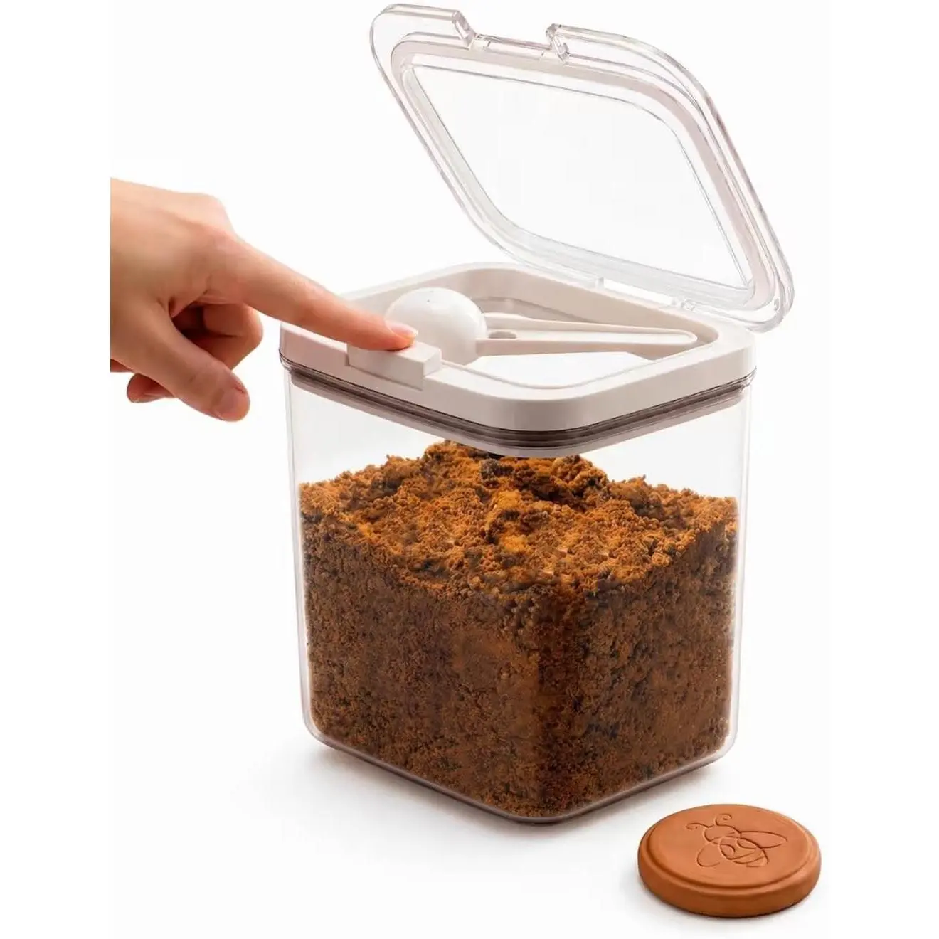 Brown Sugar Container Airtight, 2 QT Brown Sugar Keeper with Spoon | With Terracotta Saver, Clear Stackable One-Touch Opening Household Saver Organization for Baking, Sugar Storage
