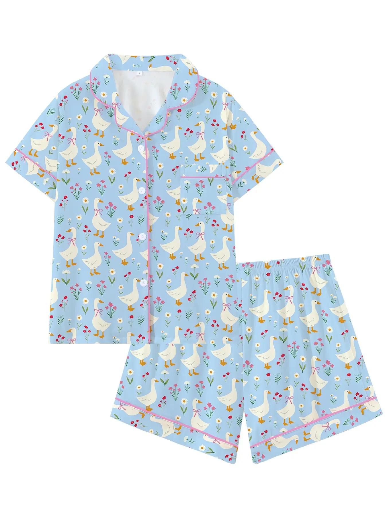 Women's Floral and Duck Print Pajama Set, 2-Piece Short Sleeve Lounge Wear, Casual Slim-Fit Sleepwear Homewear for Spring & Fall