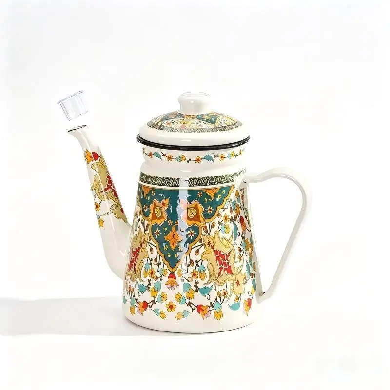 Thickened coffee pot with long spout, enamel oil pot, kitchen enamel teapot with lid, Japanese-style cold water pot, enamel teapot
