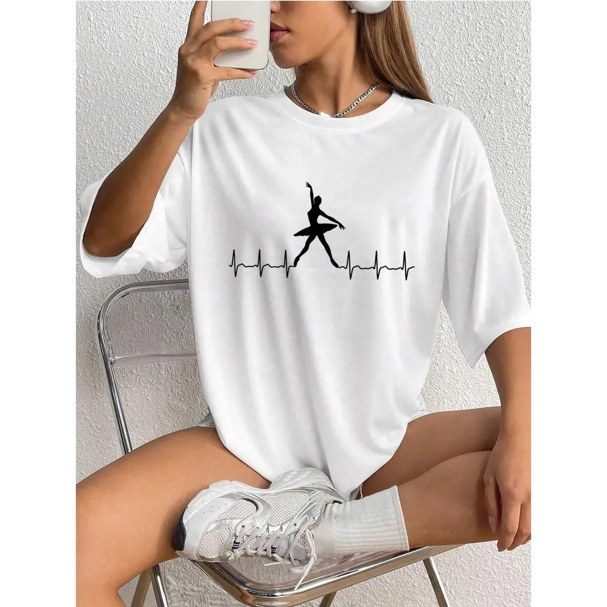 Ballerina heartbeat line graphic tees women,100% cotton oversized tshirt women,vintage graphic tees ballet dancer silhouette graphic tops,dance enthusiast short sleeve tee,gift for ballet lover casual everyday outfit