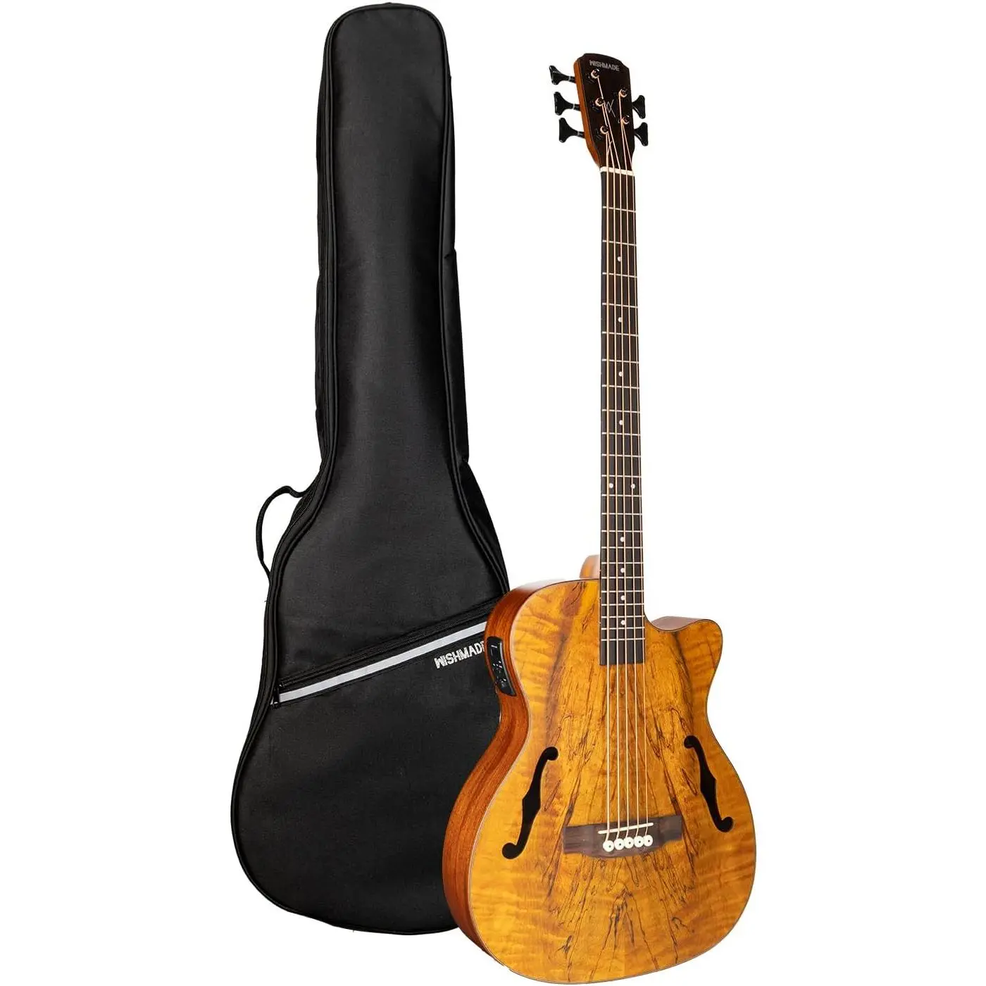 WishMade 5 String Bass Guitar Acoustic Electric Hollow Body Spalted Maple |   Sapele back and sides, F-hole body delivers warm tone, 3-band EQ for stage, for jazz fusion and acoustic performances