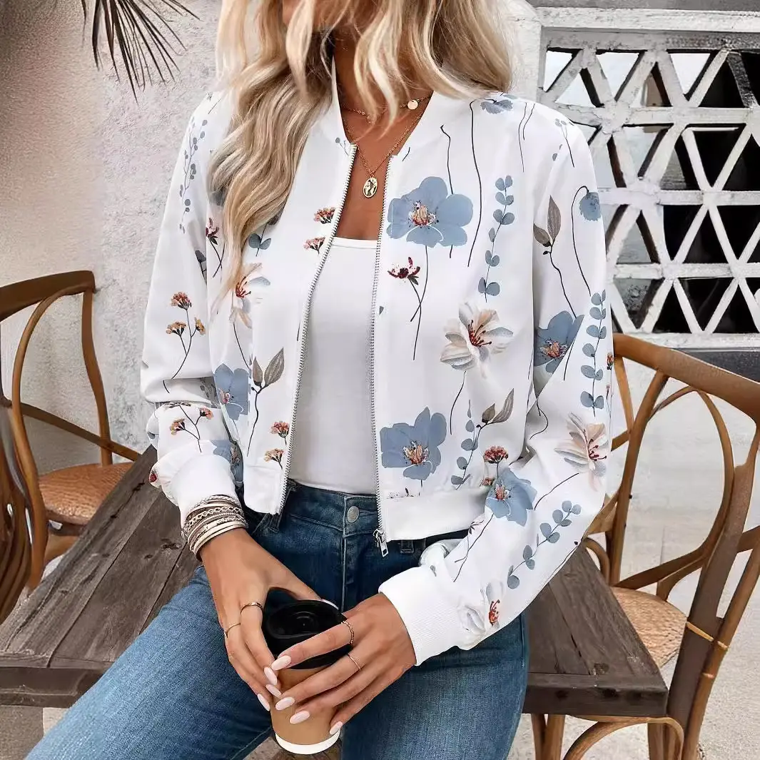 Women's Floral Print Collared Long Sleeve Fitted Casual Zip-Front Jacket Coat - Chic, Comfortable Tops for Spring & Fall, Stylish Outerwear with Zipper Closure, Style, Plants, Polyester Blend