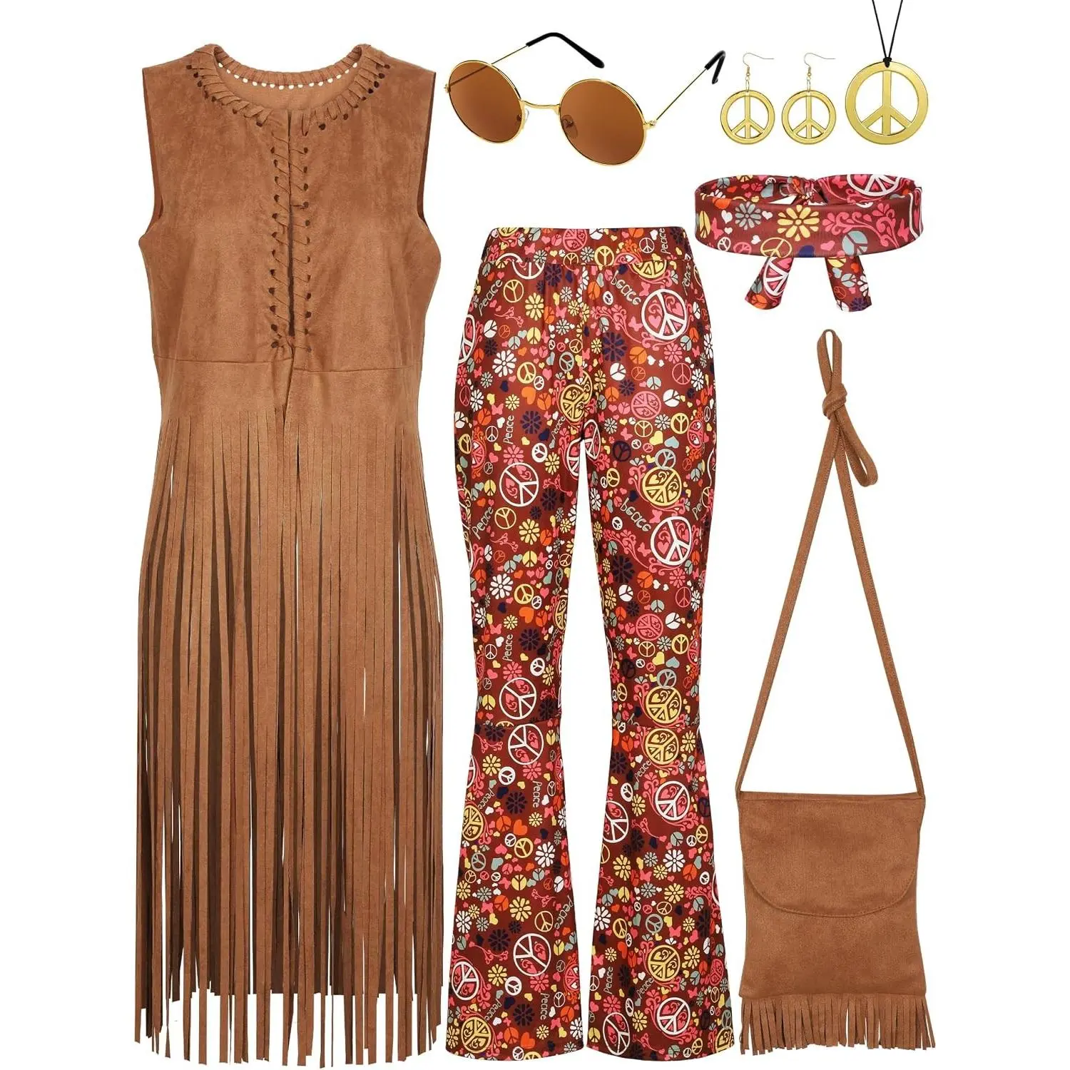 7 Pieces 60s 70s Women Hippie Costume Set Fringe Vest Bag Pants Headband for Disco(Gift)