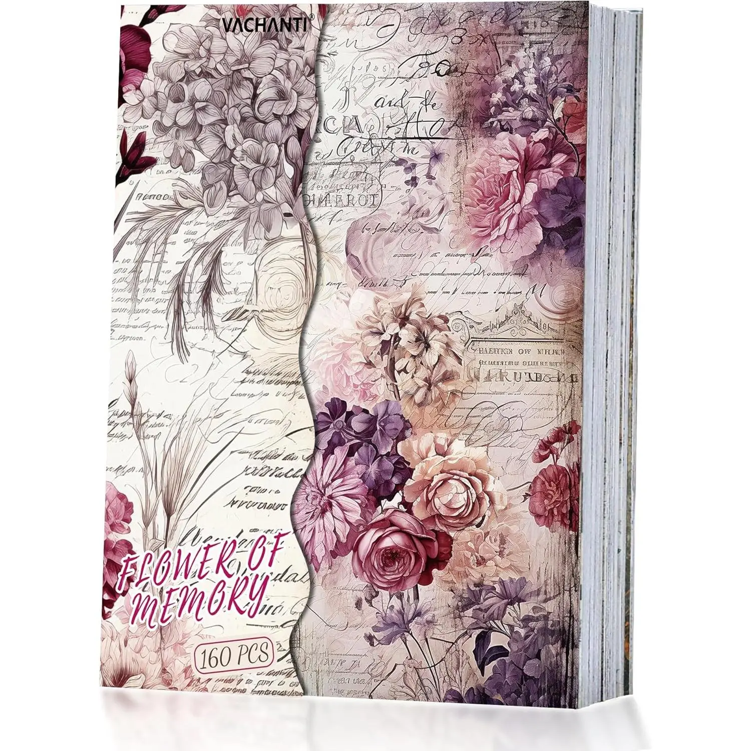 160-Sheet Modern Flower Scrapbook Paper Pack, Junk Journal Supplies with Cursive Script, No-Repeating Designs for DIY Cards, Craft Albums
