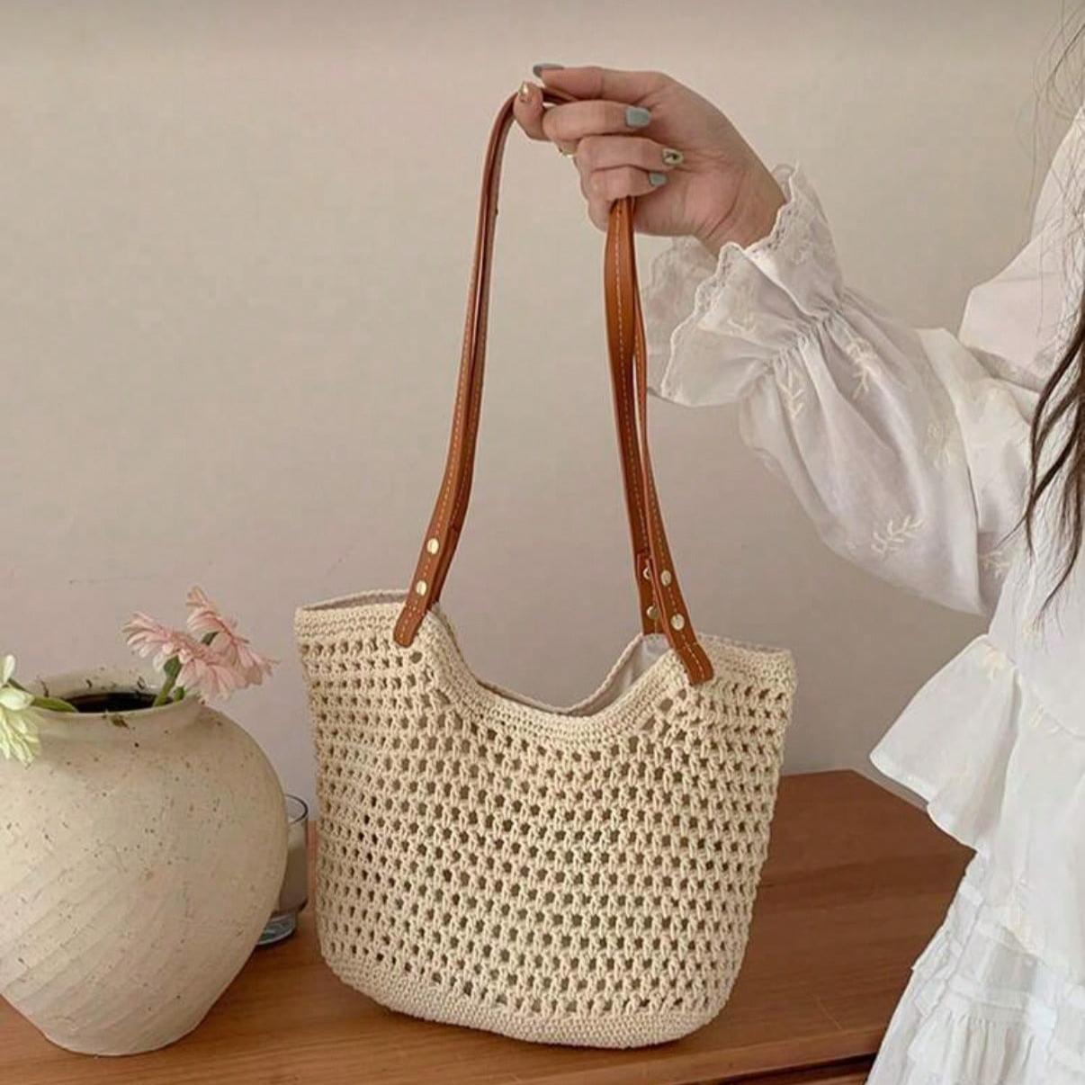 Woven Beach Bag Versatile Shoulder Bag,New Arrival Women Tote Bag,Everyday bag,School Bookbag, Portable Foldable Business Casual Bag Perfect for Beach Vacation,Suitable for Teens,Girls,Women,Commuting School