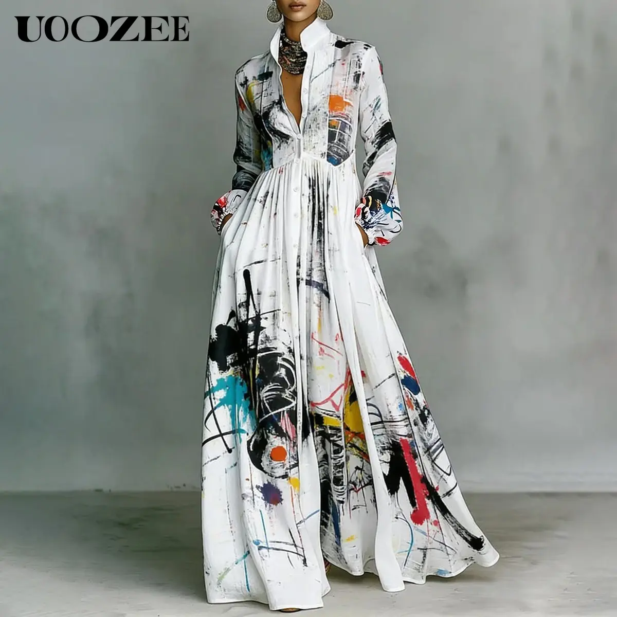 UOOZEE Women's Smart Casual Abstract Graphic Tropical Print Silky Smooth Polyester Long-Sleeve Button-Front Maxi Shirt Dress with Pockets - Stylish Garment for Party, Garments, Style, Minimalist, Maxi Skirt, Casual Dresses, Elegant Dresses For Women