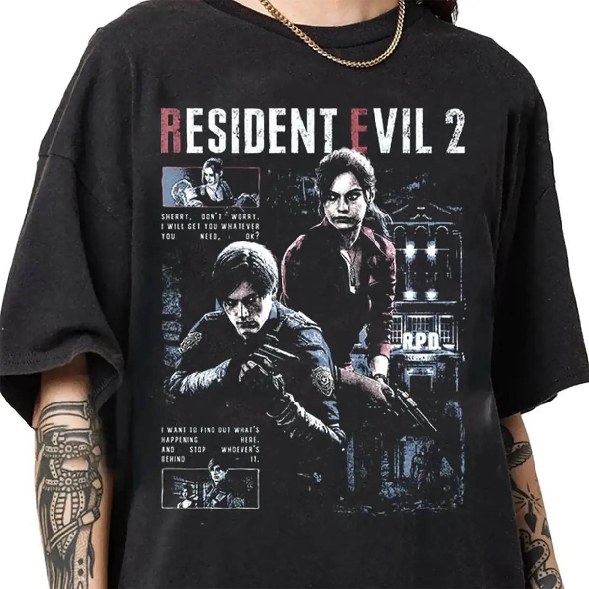 Unisex Resident Evil 2 Biohazard Leon Kennedy Printed T-Shirt, 100% Cotton Crew Neck Short Sleeve Tops, Casual Gaming Streetwear Fashion Graphic Tees For Men Women Game Lovers