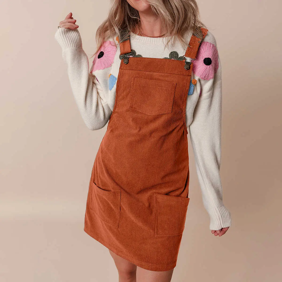 Women's Cinnamon Corduroy Overall Dress - Casual Solid Sleeveless Jumper with Large Front Pockets for Everyday Style, TikTok Shop Back to School
