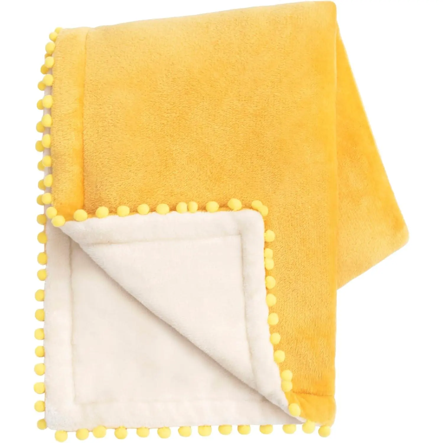 Cozy Fleece Throw Blanket with Pom Pom Fringe, Super Soft Blanket, Double-Sided Designs, for Couch Bed Sofa  Decor (50x60 inch, Yellow/Beige)