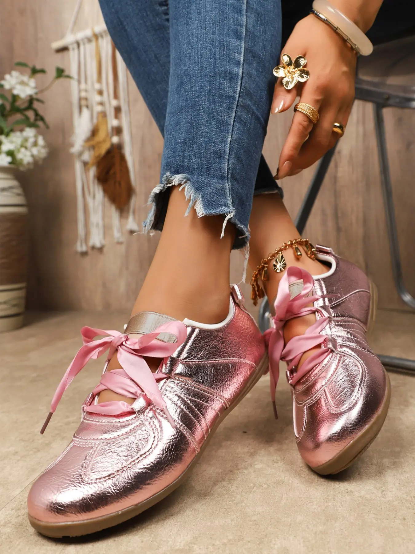 Women Metallic Ballet Sneakers, Ballerina Sneaker, Satin Ribbon Lace Up, Flat Shoes, Casual Retro, Soft Sole, Training Shoes, All Seasons