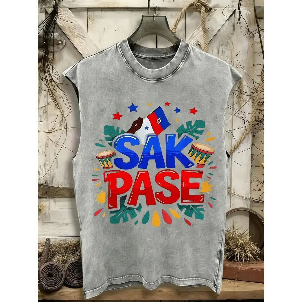 Sleeveless Y2K Style Acid Washed T-Shirt With Haitian Flag Sak Pase Graphic Print Conga Drums And Tropical Leaves Vintage Faded Mauve Top Perfect Gift For Family And Friends