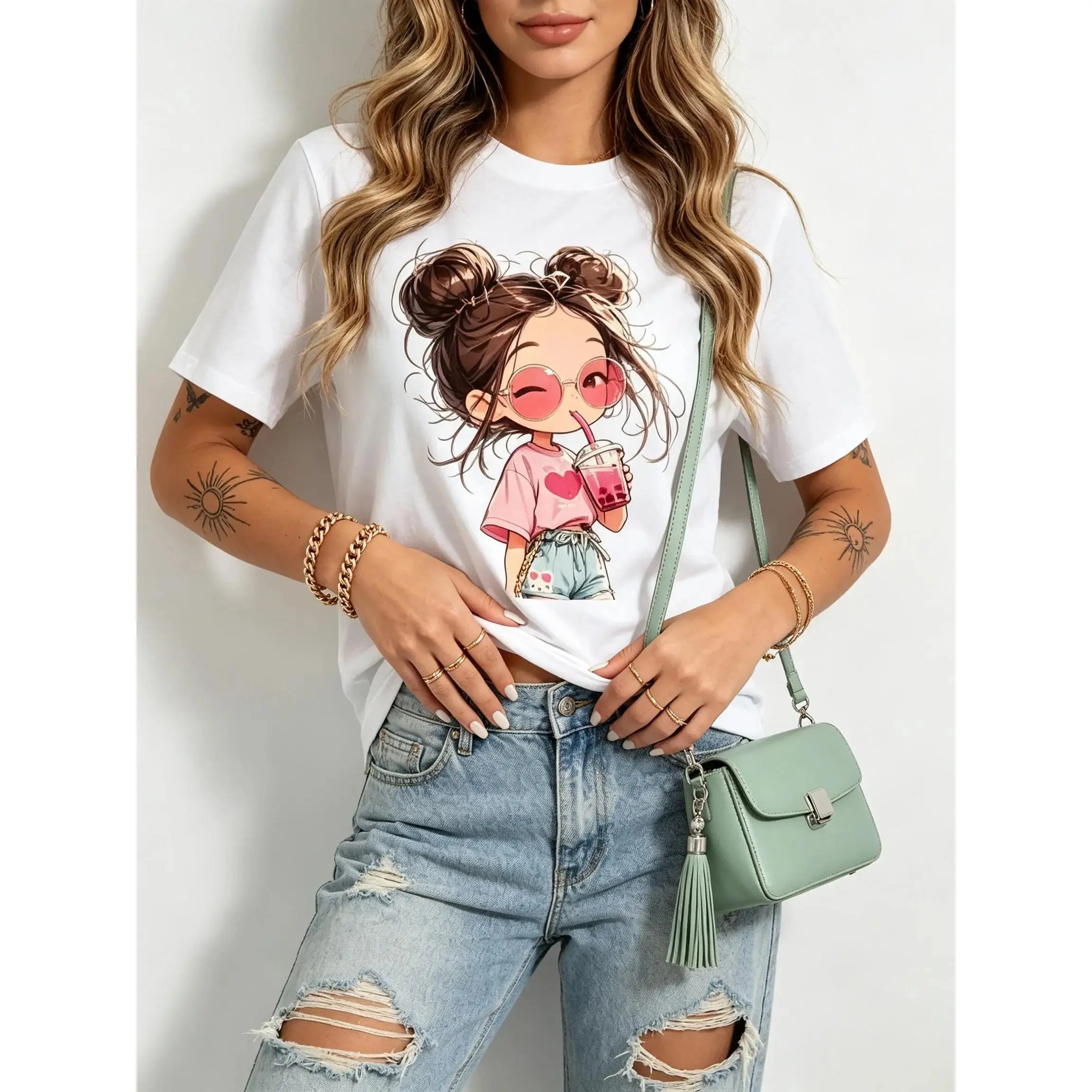 Women's Y2K Coquette Oversized Short-Sleeve Round Neck Pastel Pink Bubble Tea Girl Graphic T-Shirt - Kawaii Aesthetic Fabric Clothes, Trendy Casual Top, All Sizes Viral Fashion Pick