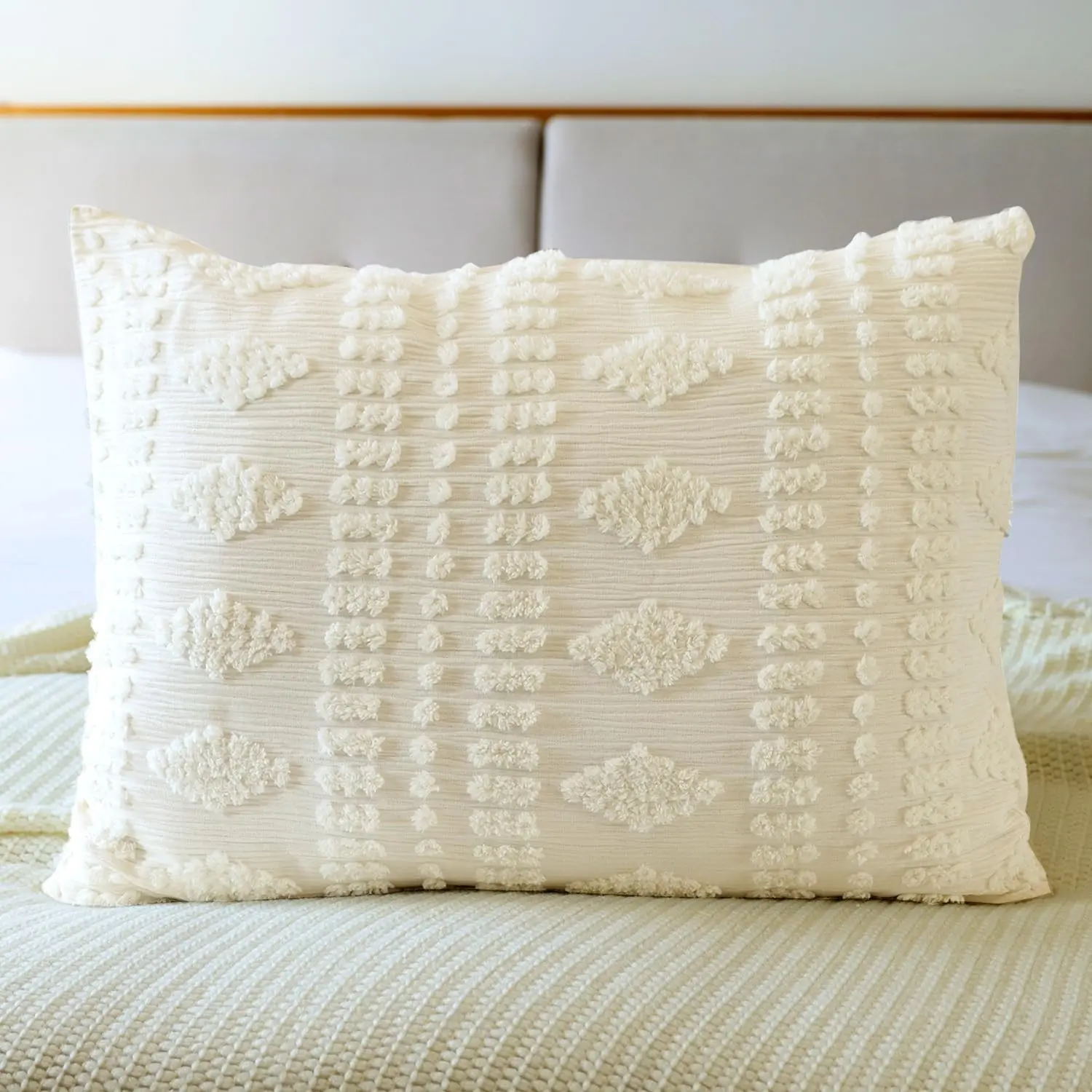 Tufted Pillow Shams King Ivory Set of 2 Boho Pillowcases Shabby Chic Moroccan Pillow Sham, Cream Off White Textured Poms Diamonds Embroidered Jacquard Decorative Farmhouse Cotton 20x36