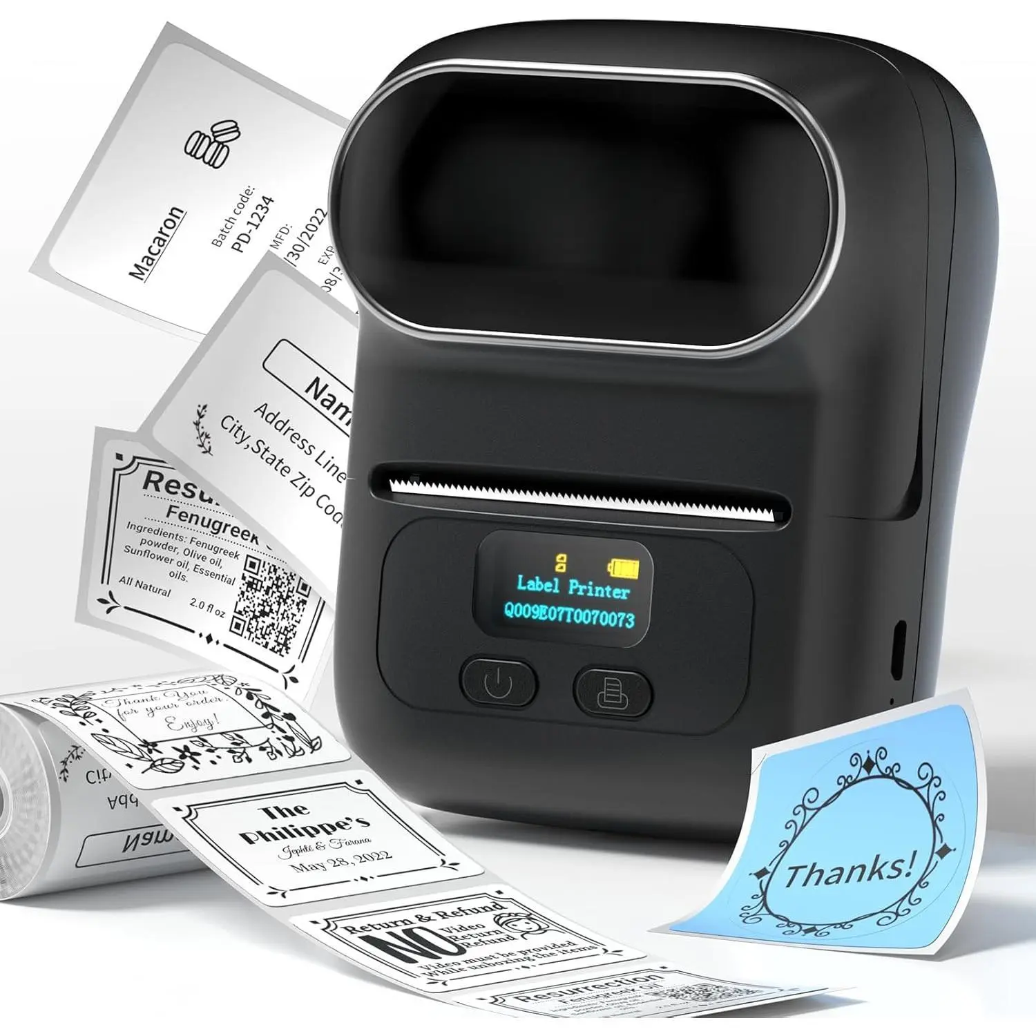 Compact M110 Portable Thermal Printer - 1-Piece Barcode & Label Maker for Small Businesses, Includes 40x30mm Synthetic Rectangular Labels for Address Mailing (Home Organization Supplies)