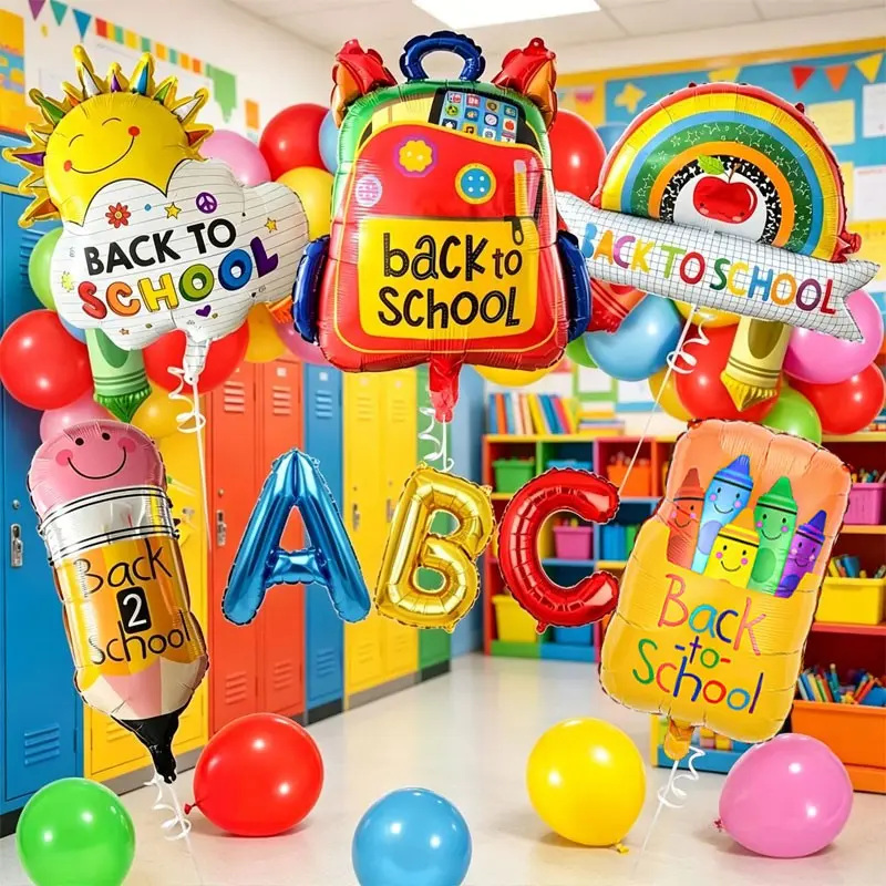 Kit Back-To-School Theme Aluminum Foil Balloons, Balloon Decorations Kit, Includes Rainbow Ruler/rainbow Cloud, Classroom Decor, Kindergarten Event, school supplies, Back-to-school party and campus welcome decorations