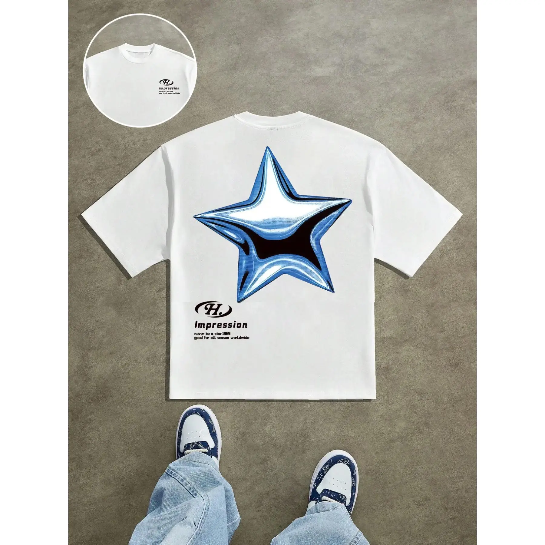 Men's Casual Tee - 100% Sorona Polyester, Relaxed Dropped-Shoulder Fit, Star Pattern, Machine Washable for Outdoor Activities & Lounging, 100% Polyester