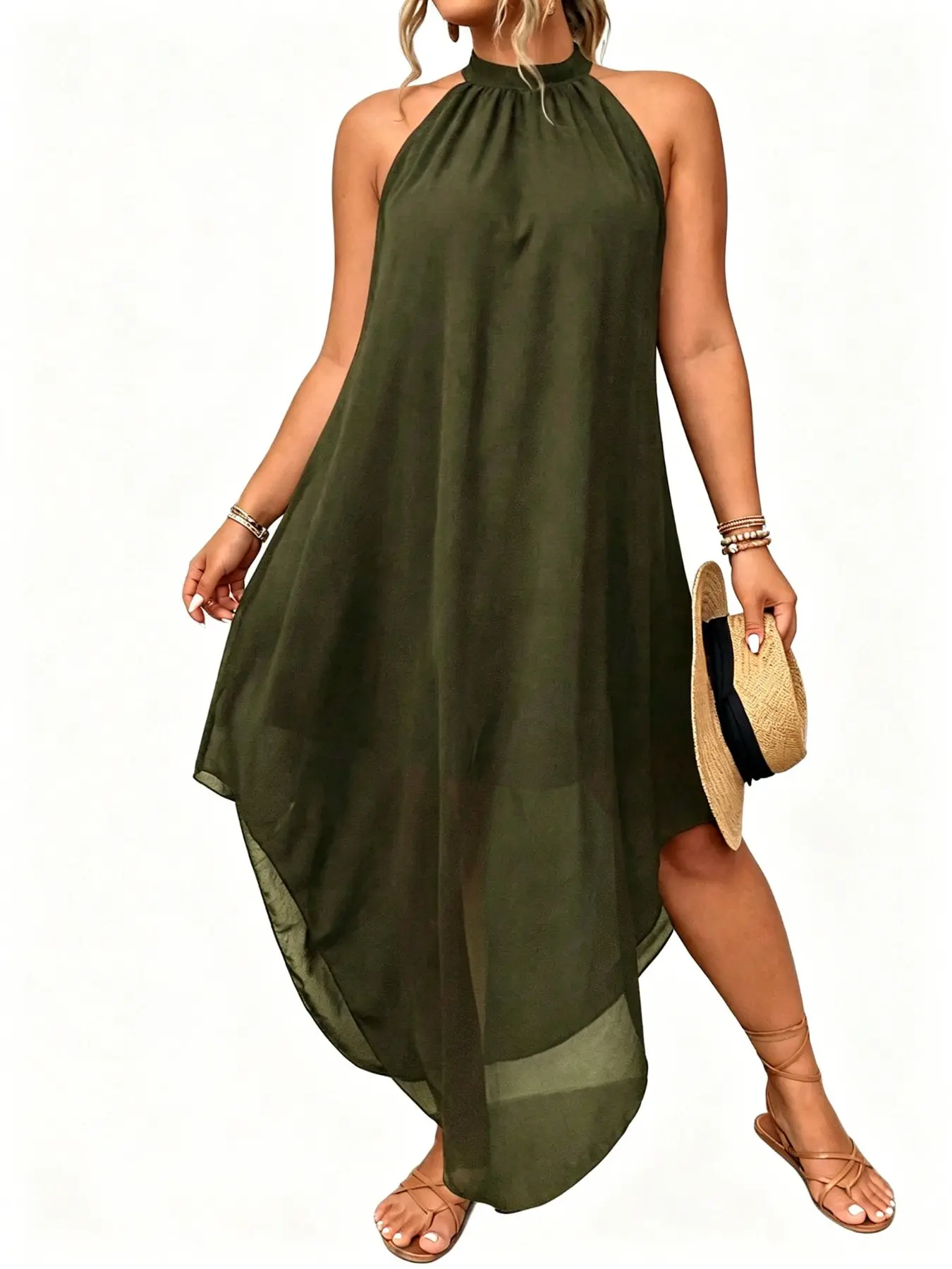 Plus Size Halter Neck Lightweight Chiffon Dress, Everyday Lazy Vacation Style, Sleeveless Stand Collar Semi-Transparent Flowy Asymmetrical Hem, Plus Size Long Dress for Beach Travel Office Party