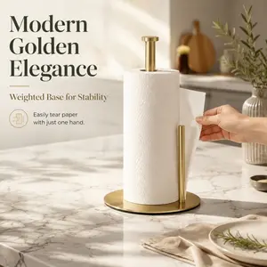 Gold Countertop Paper Towel Holder Stand with Weighted Base, One Hand Tear Free Standing Kitchen Roll Paper Dispenser for Countertop