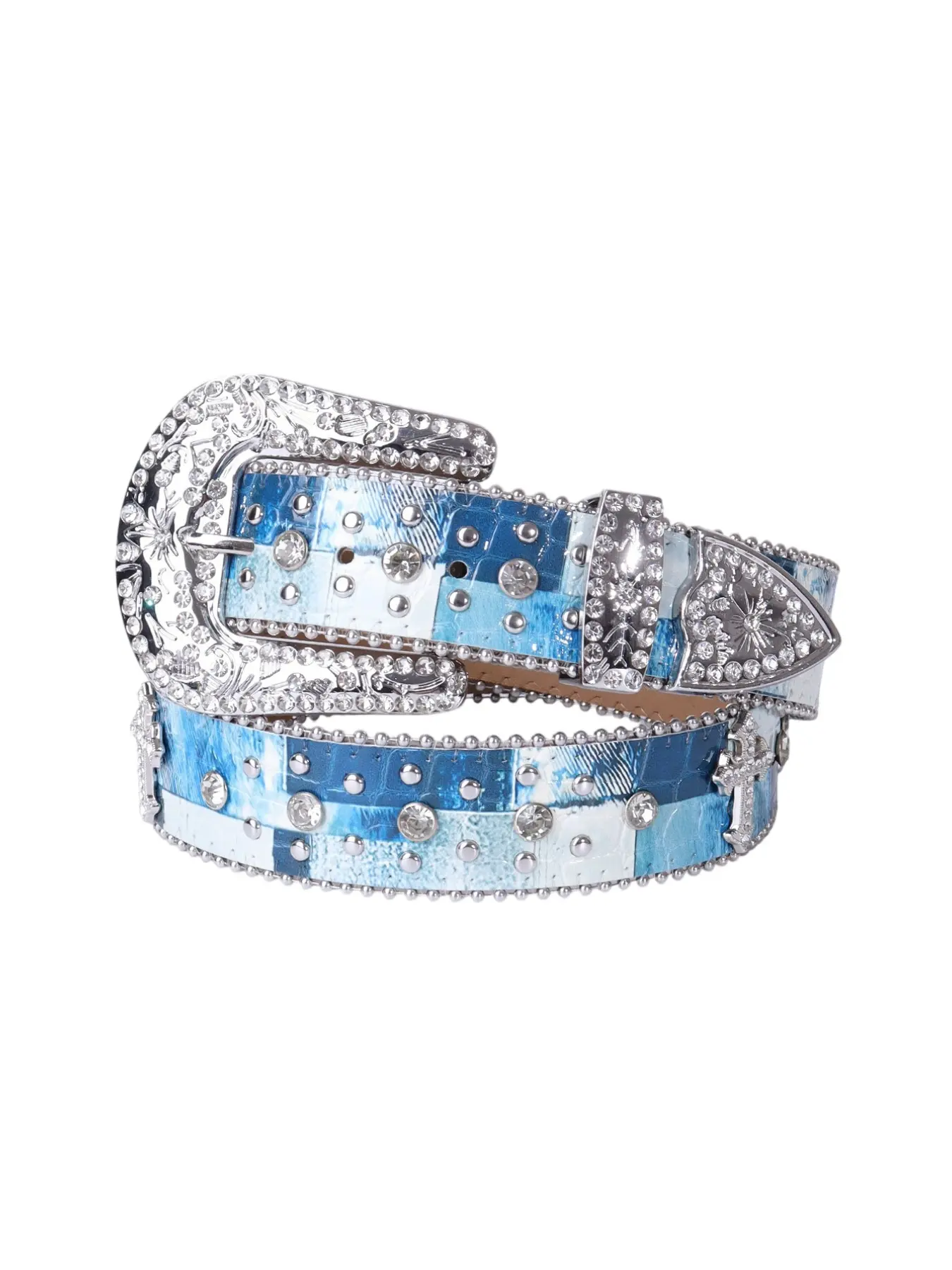 Unisex Glossy Multicolor Checkered Belt, Rhinestone Cross Ornament, Diamond Buckle, Retro Y2K Punk Waistband, Denim Match, Streetwear, Raves, Concerts, Rhinestone Studded Belt, Rhinestone Decor Belt