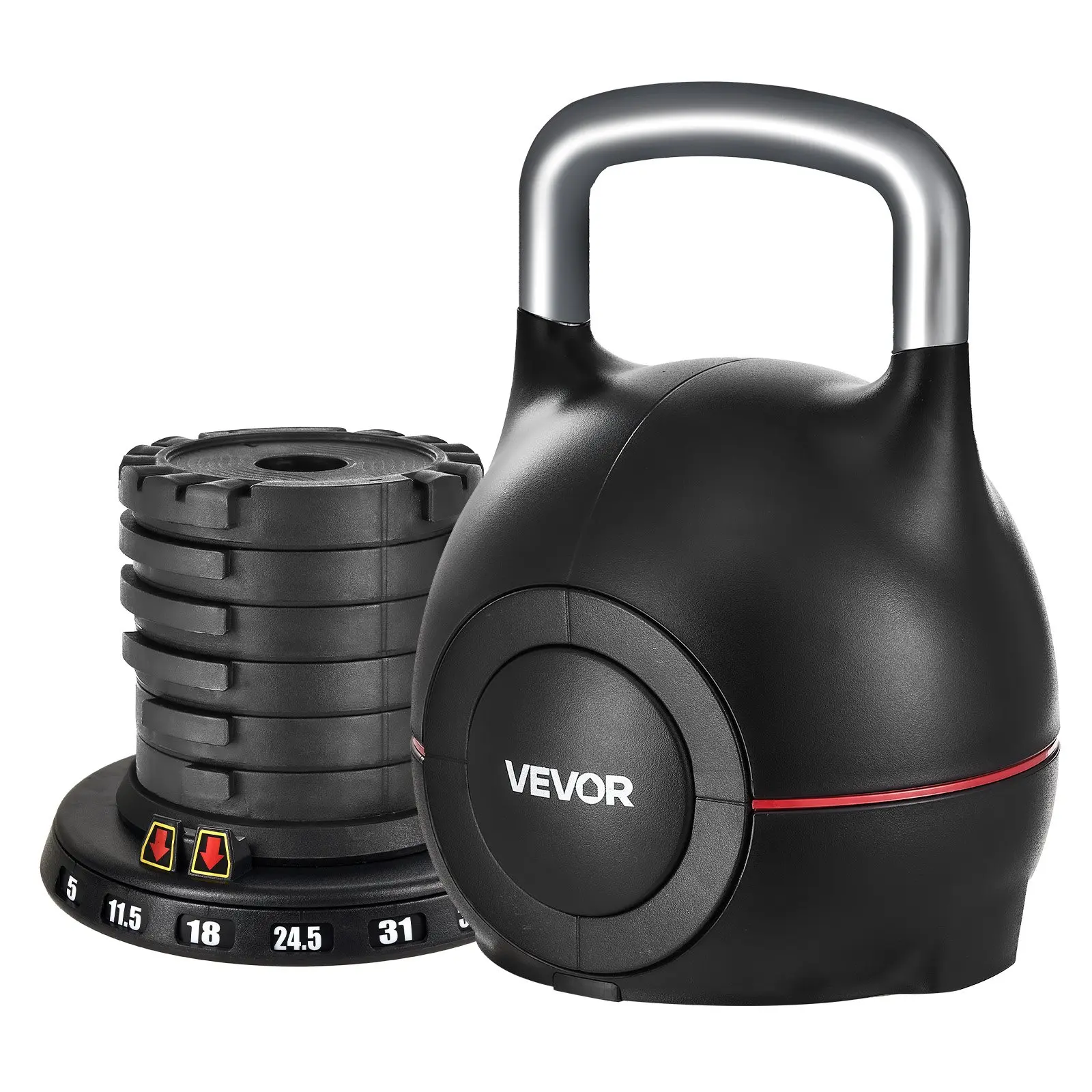 VEVOR Kettlebell, Adjustable Kettlebell with 7 Weight Levels (5, 11.5, 18, 24.5, 31, 37.5, 44 lbs), Die-Cast Aluminum and ABS Material, for Grip Strength Training, Full-body Workout Cross-Training