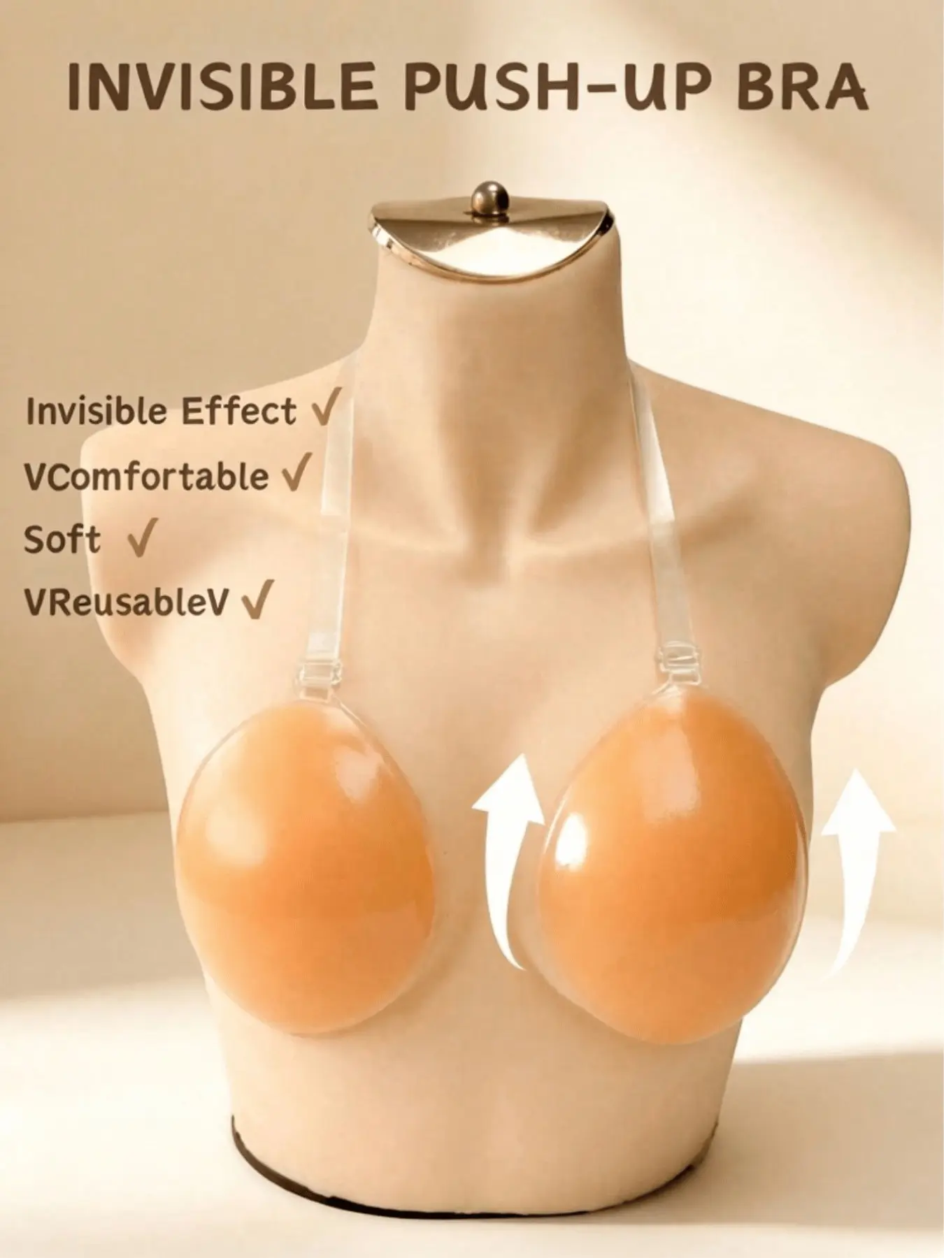 Invisible Silicone Push-Up Bra, Reusable Adhesive Bra with Transparent Straps, Backless Strapless, Soft Comfort, Wedding Party Wear