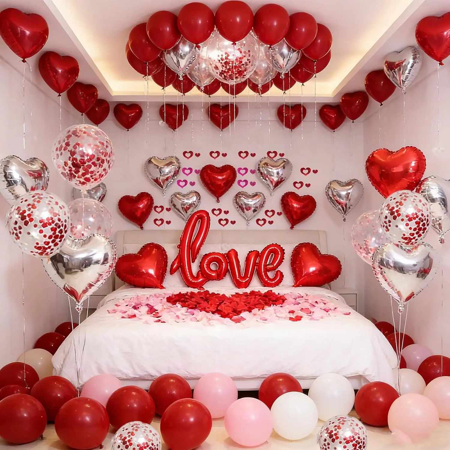 Wedding Anniversary & Valentine’s Day Heart Balloon Set- 200+Pcsred balloons heart balloons, Rose Petals, Metallic Love Letters, Hearts for Anniversary, Wedding, Proposal, Party Decor