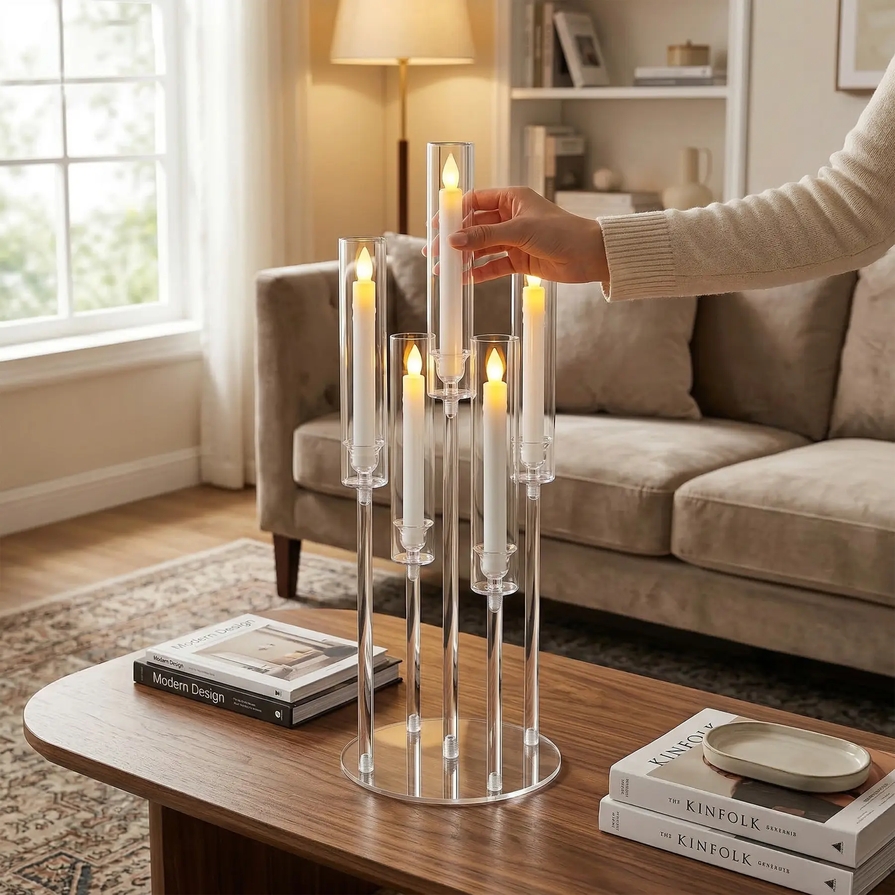 Acrylic Candelabra Centerpiece for Tables – 35" Tall Clear Candle Holder with Removable Lampshades & Glass Chimneys – Modern Table Decor for Weddings, Dining – 2/3/4-piece set