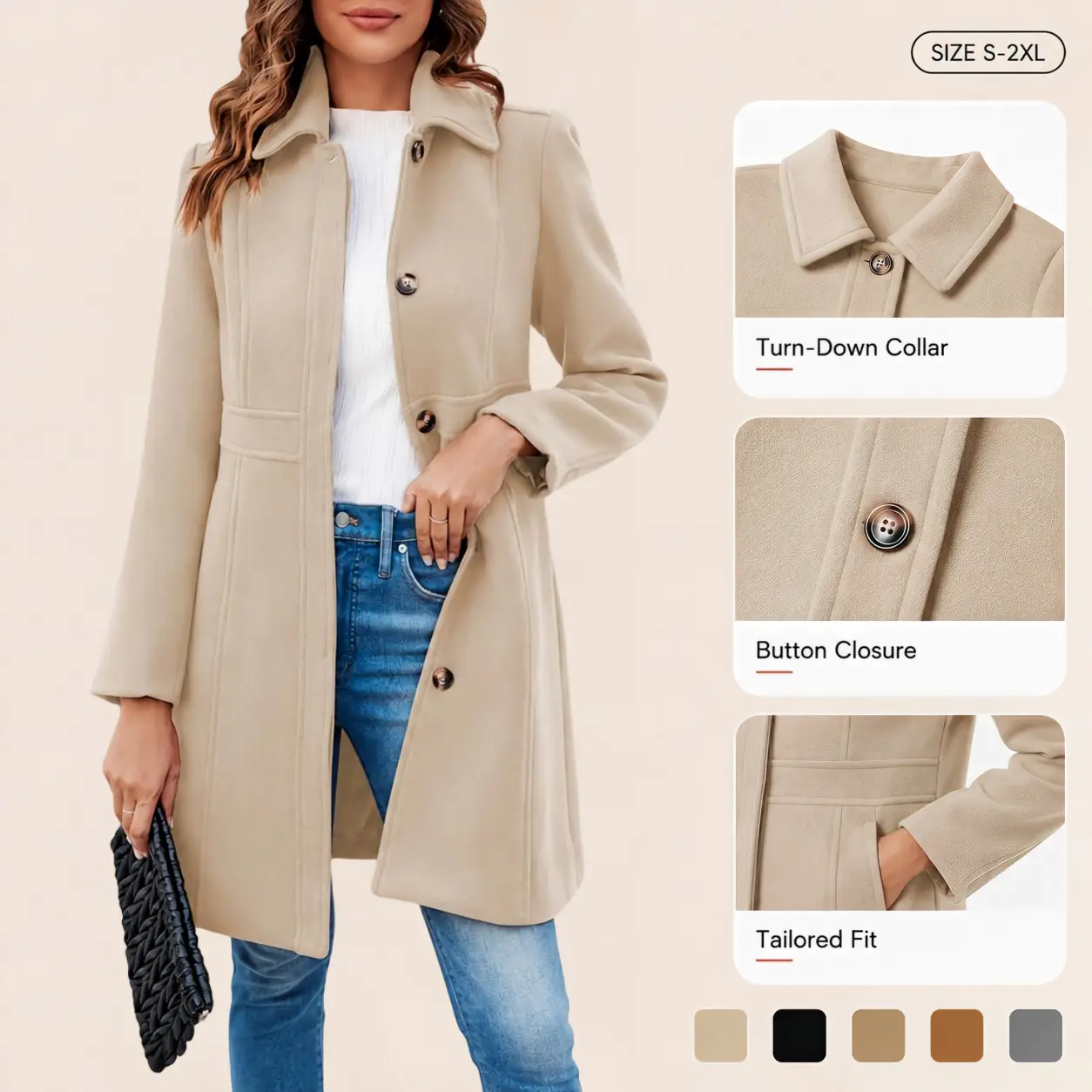 Imily Bela Women's Elegant Single Breasted Coat Long Sleeve Mid Winter Overcoat Work Office Pea Coats